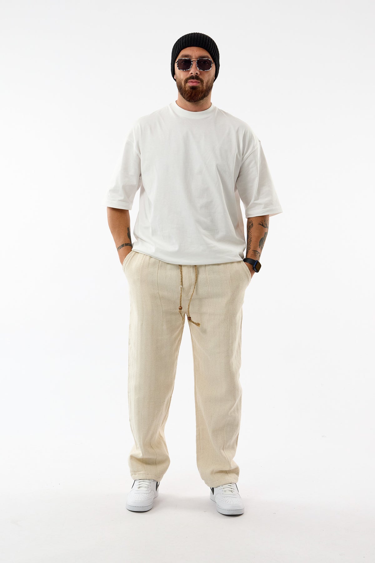 Balıksırtı Büzgülü Dokulu Bej Erkek Baggy Pantolon COC3663