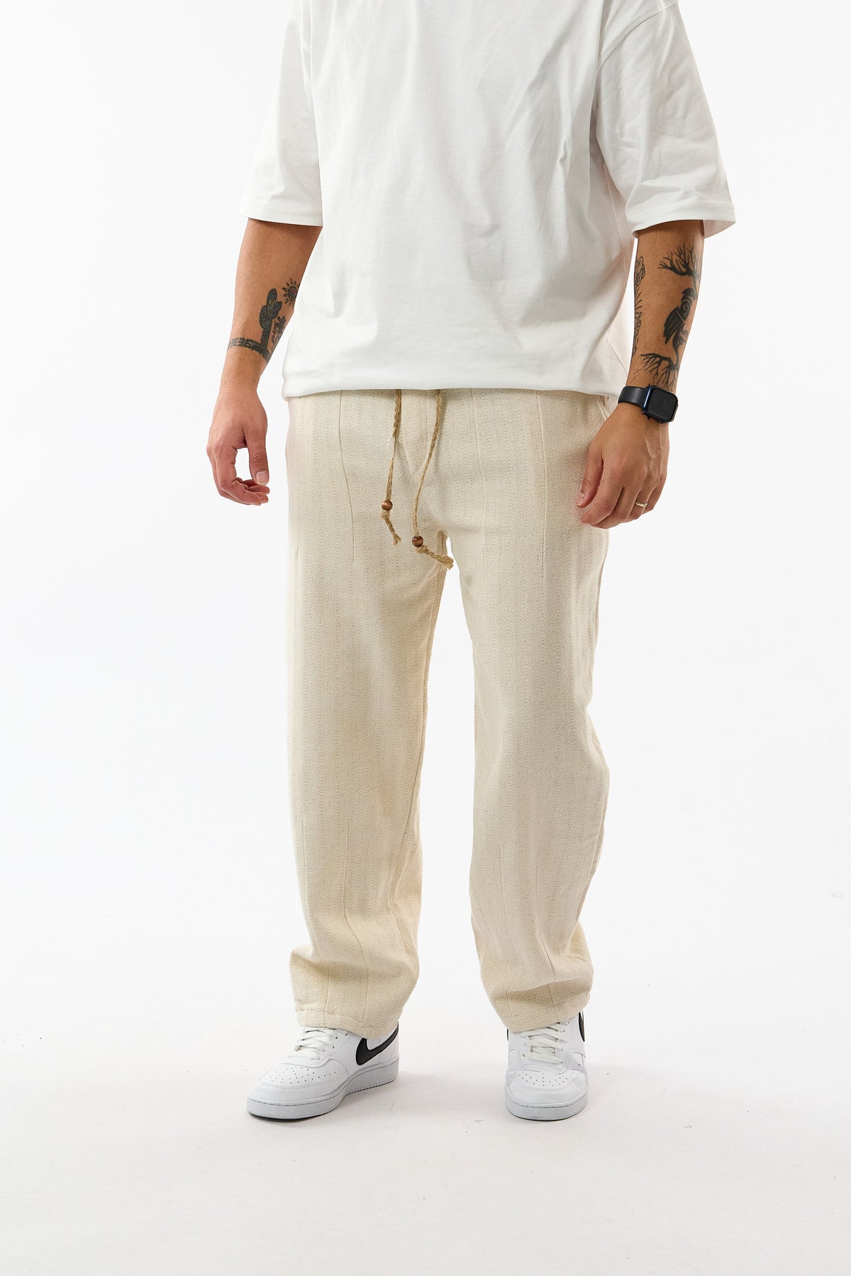 Balıksırtı Büzgülü Dokulu Bej Erkek Baggy Pantolon COC3663