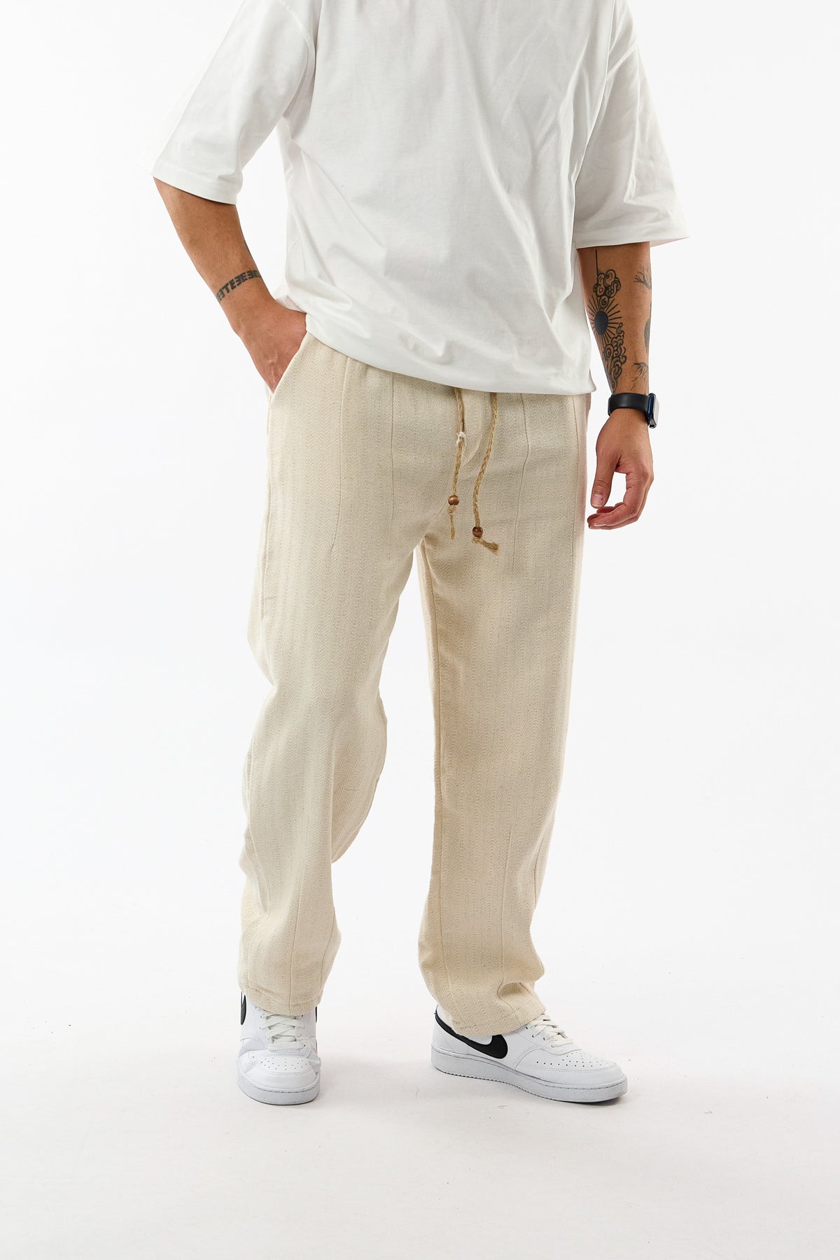 Balıksırtı Büzgülü Dokulu Bej Erkek Baggy Pantolon COC3663