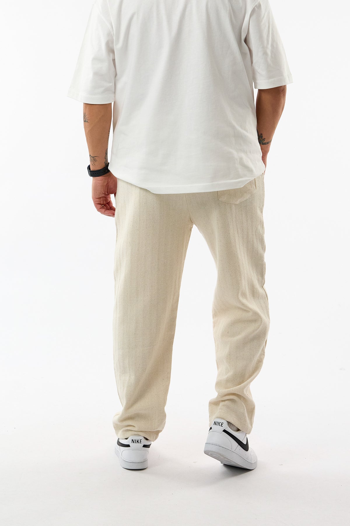 Balıksırtı Büzgülü Dokulu Bej Erkek Baggy Pantolon COC3663