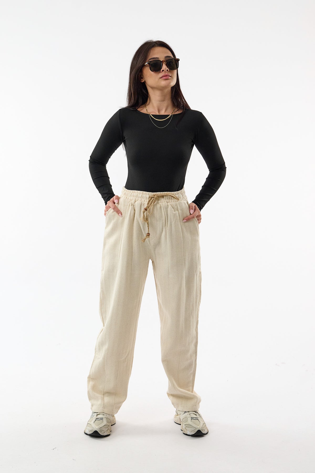 Balıksırtı Büzgülü Dokulu Baggy Kadın Pantolon COC3664