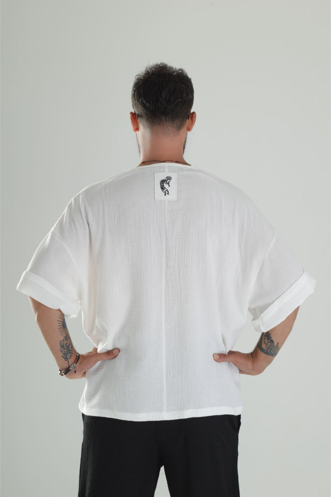 Beyaz Müslin Kumaş Oversize Fakir Kol T-Shirt COC1299
