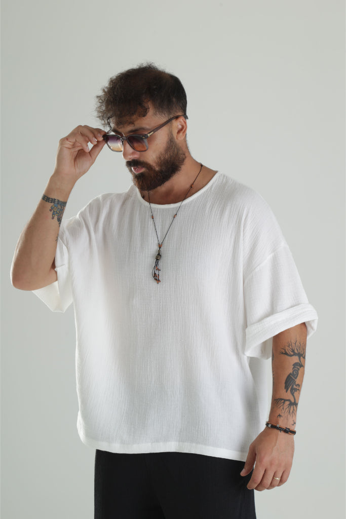 Beyaz Müslin Kumaş Oversize Fakir Kol T-Shirt COC1299