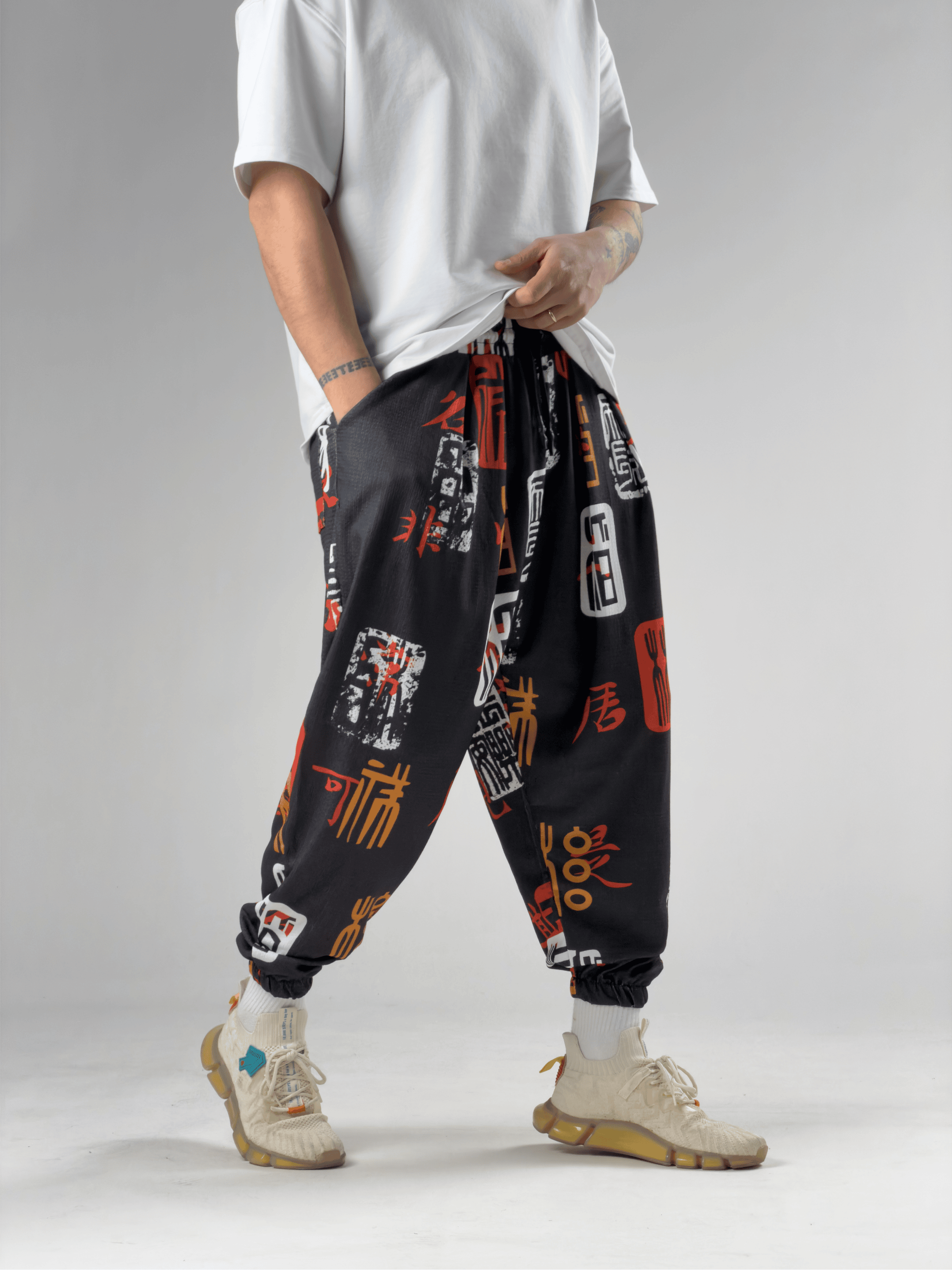 Black Chinese Erkek Pileli Yarım Şalvar COC3056