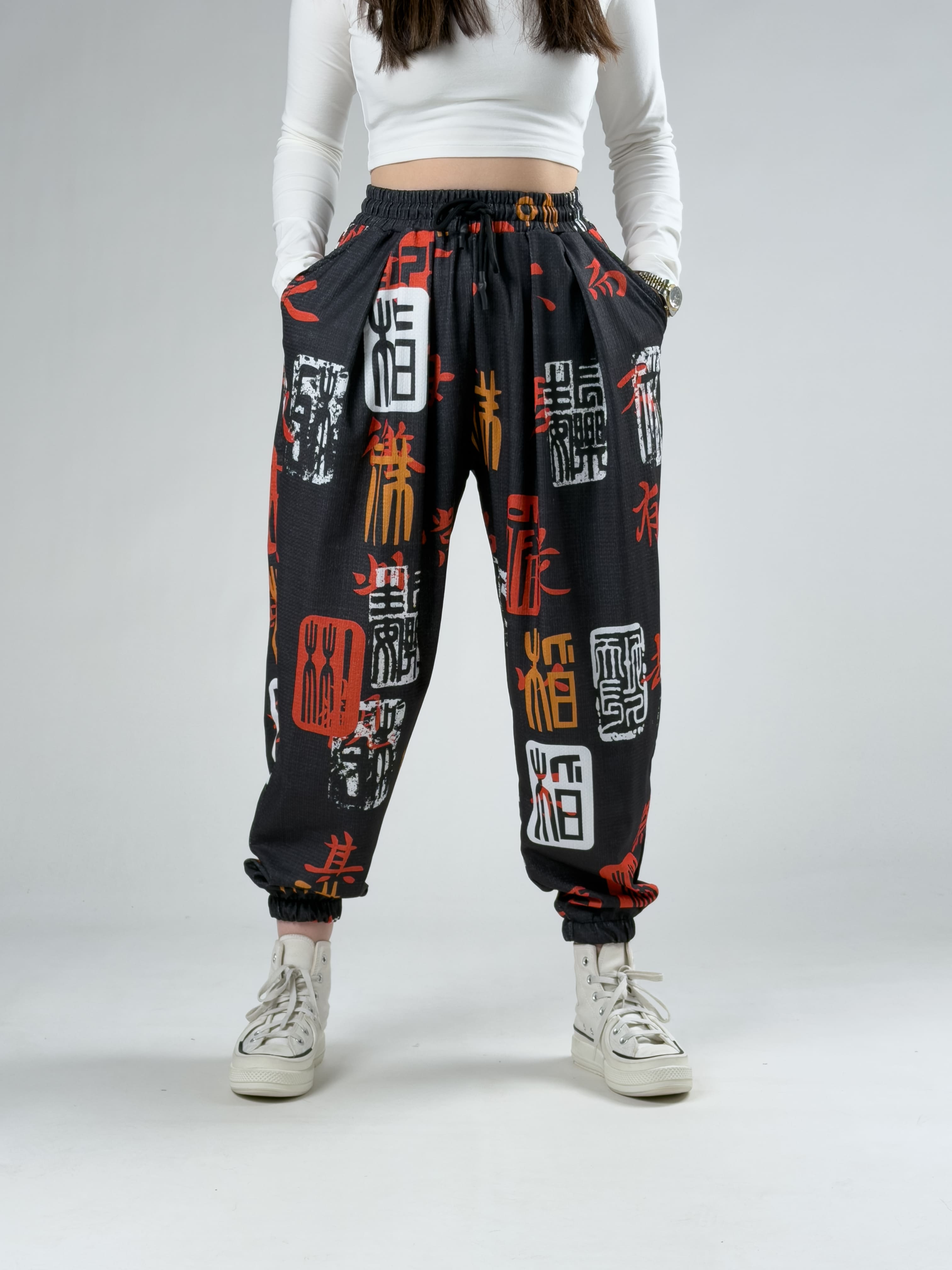 Black Chinese Kadın Pileli Şalvar Pantolon COC3057