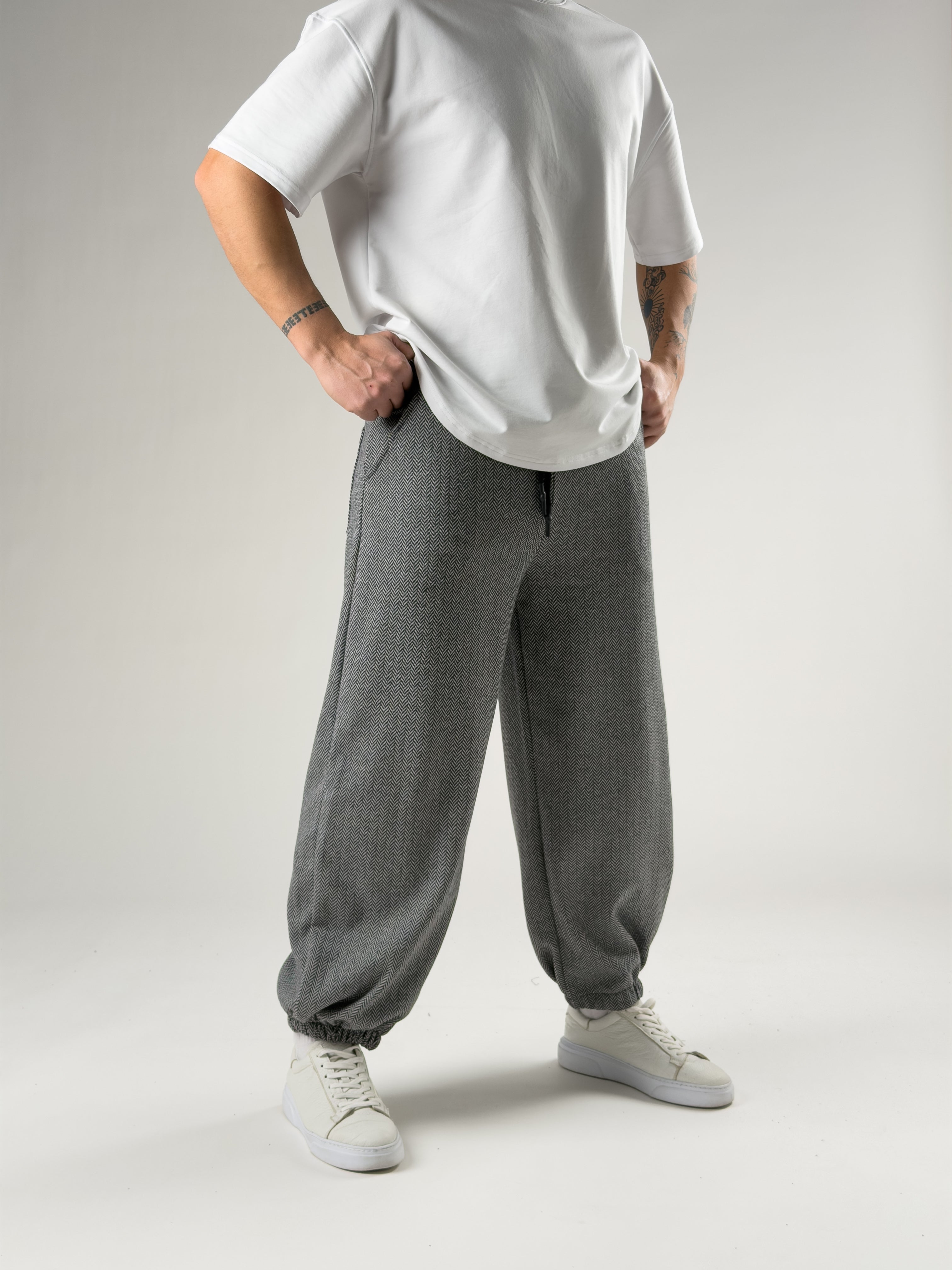 Bol Paça Desenli Gri Erkek Baggy Pantolon COC2727