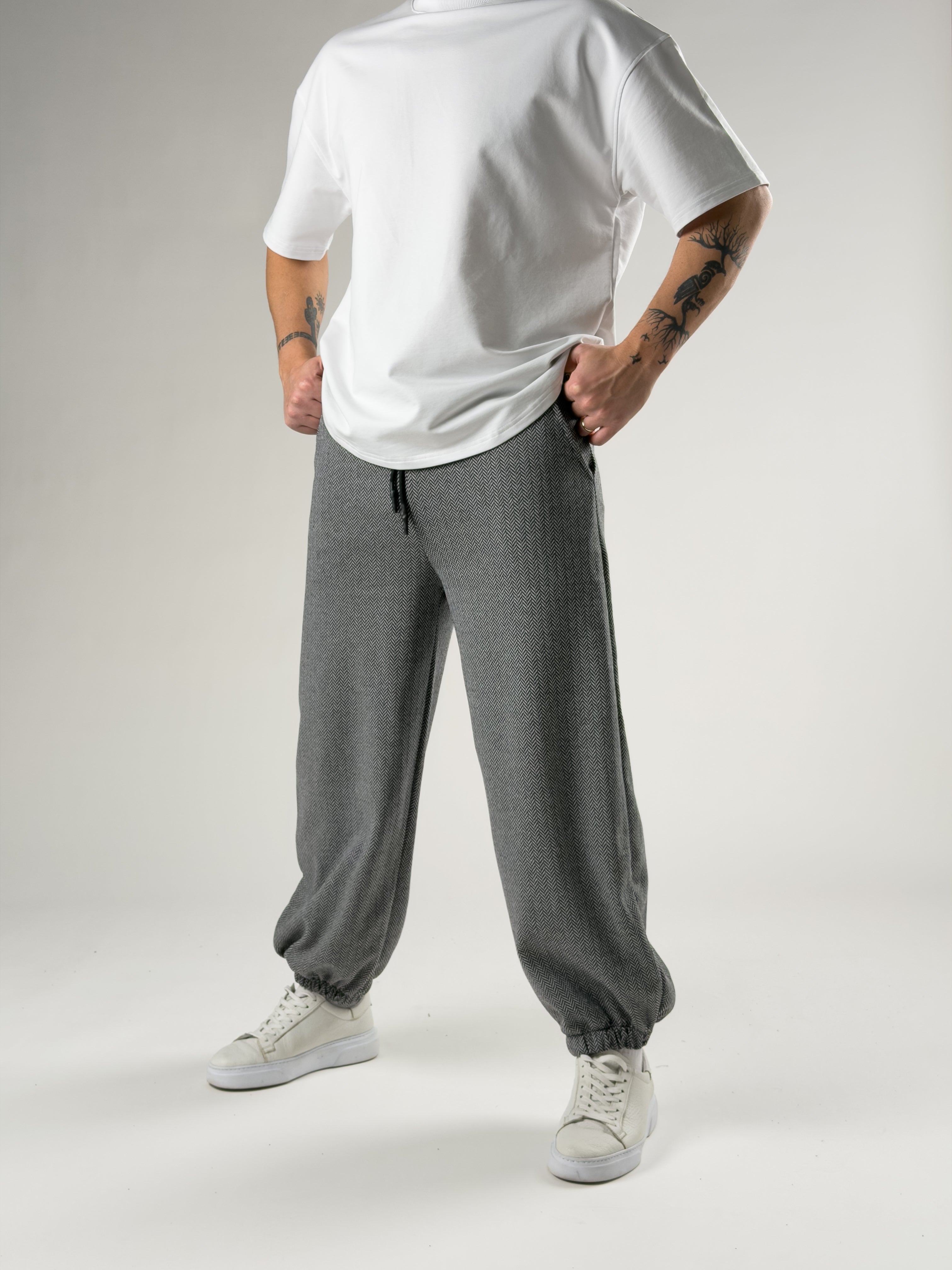 Bol Paça Desenli Gri Erkek Baggy Pantolon COC2727