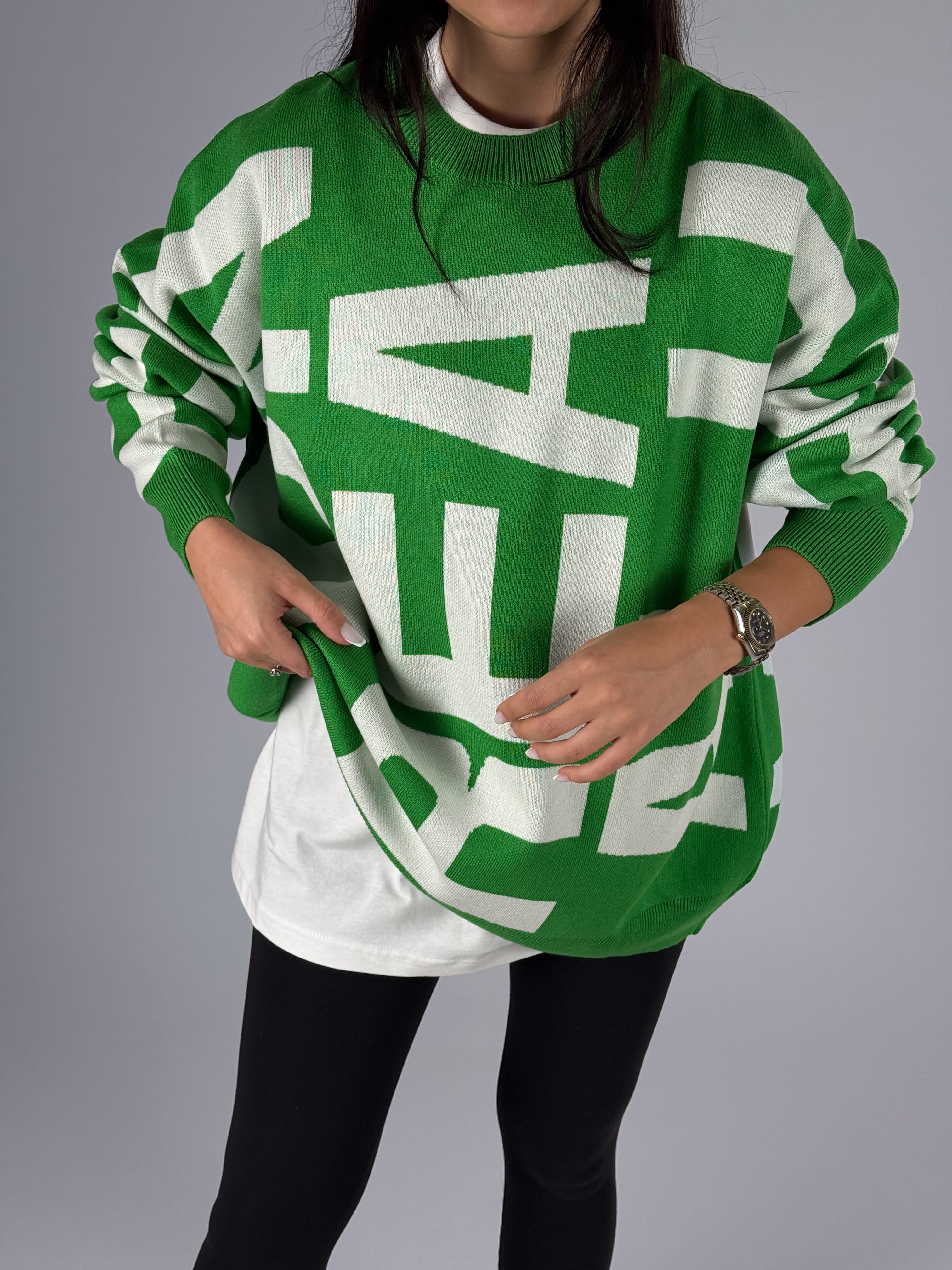 Bold Print Oversize Kadın Yeşil Sweat COC1181