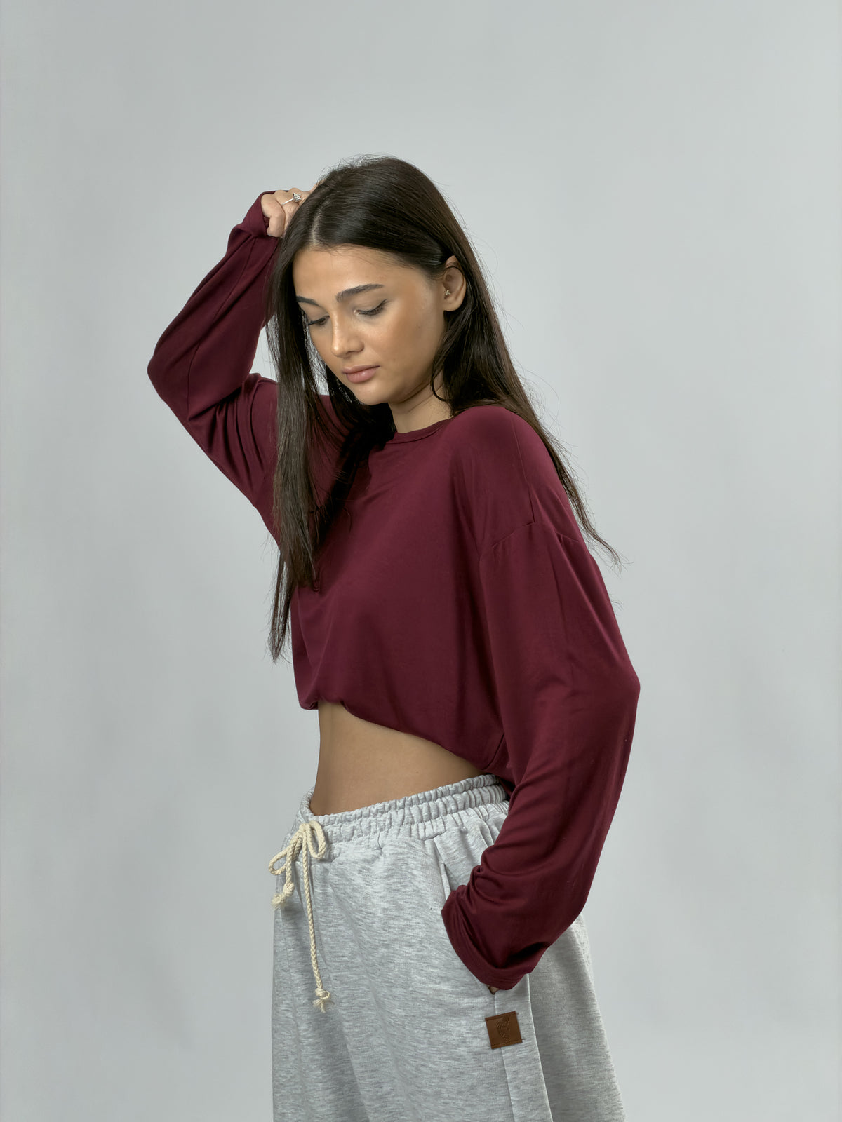 Bordo Bisiklet Yaka Basic Kadın Sweatshirt COC3545