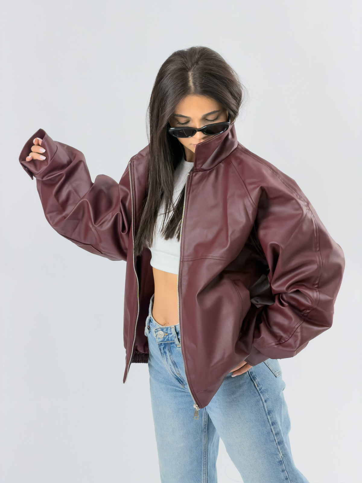 Bordo Bomber Kadın Deri Ceket COC3472