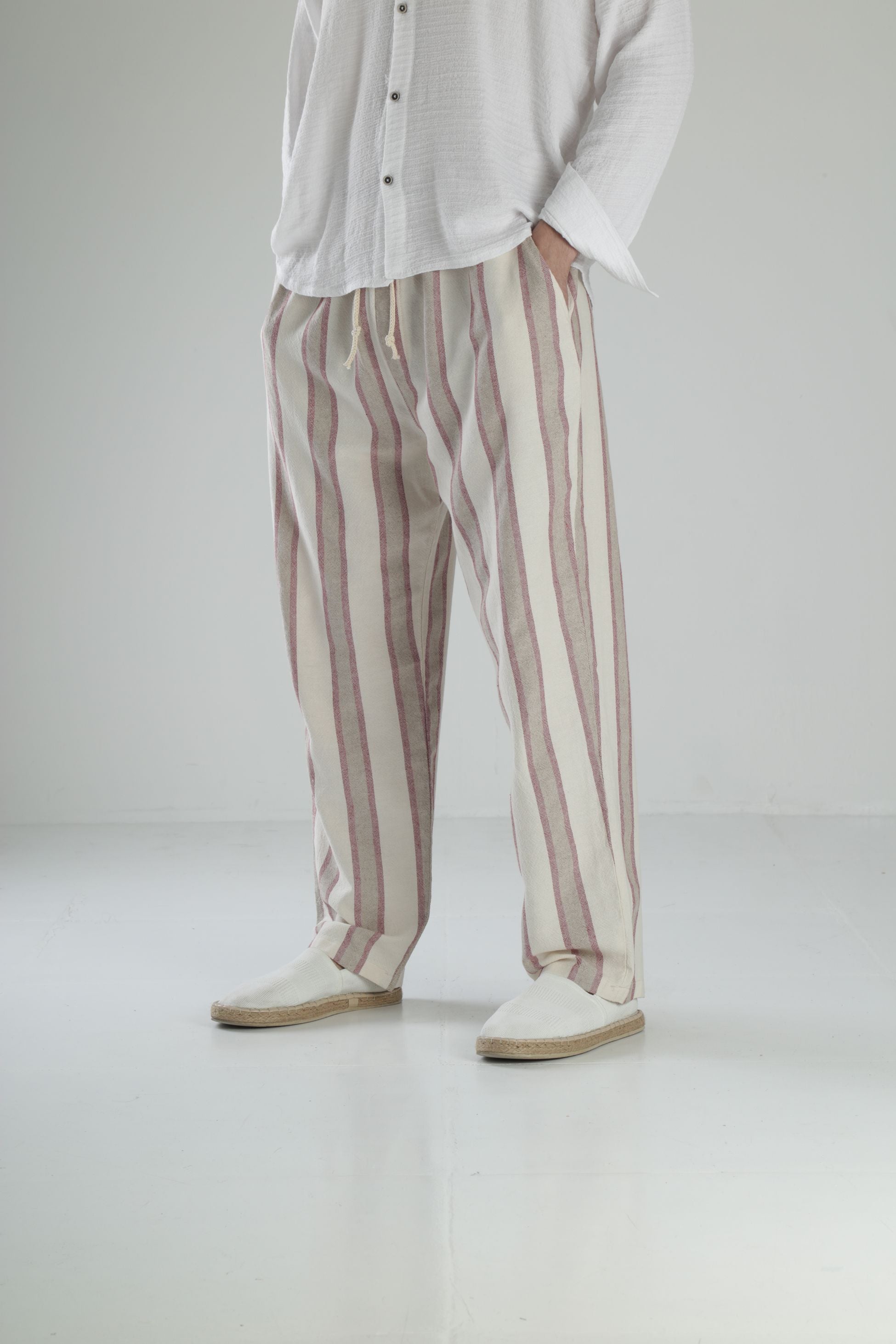 Bordo Çizgili Keten Pantolon COC2453