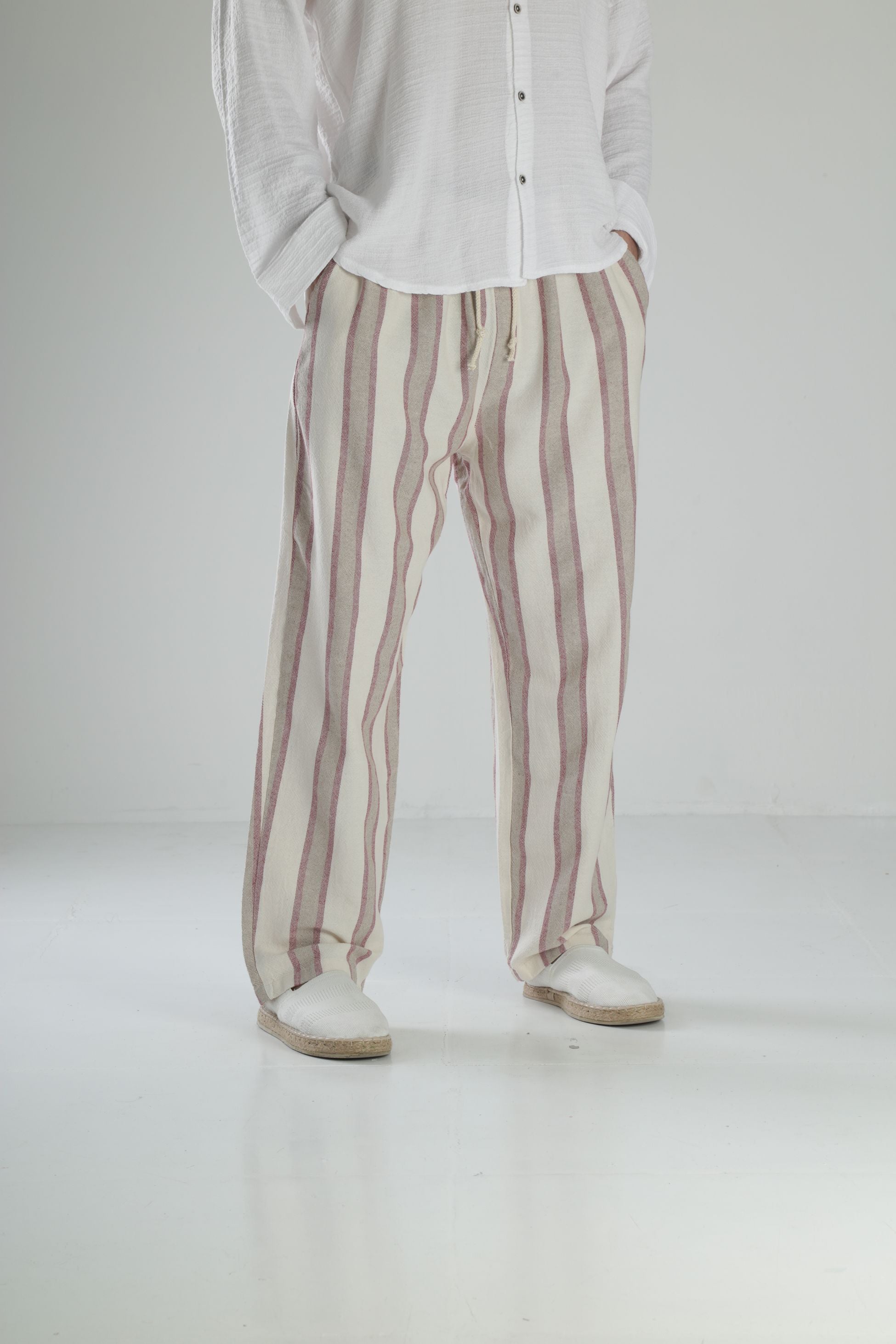 Bordo Çizgili Keten Pantolon COC2453