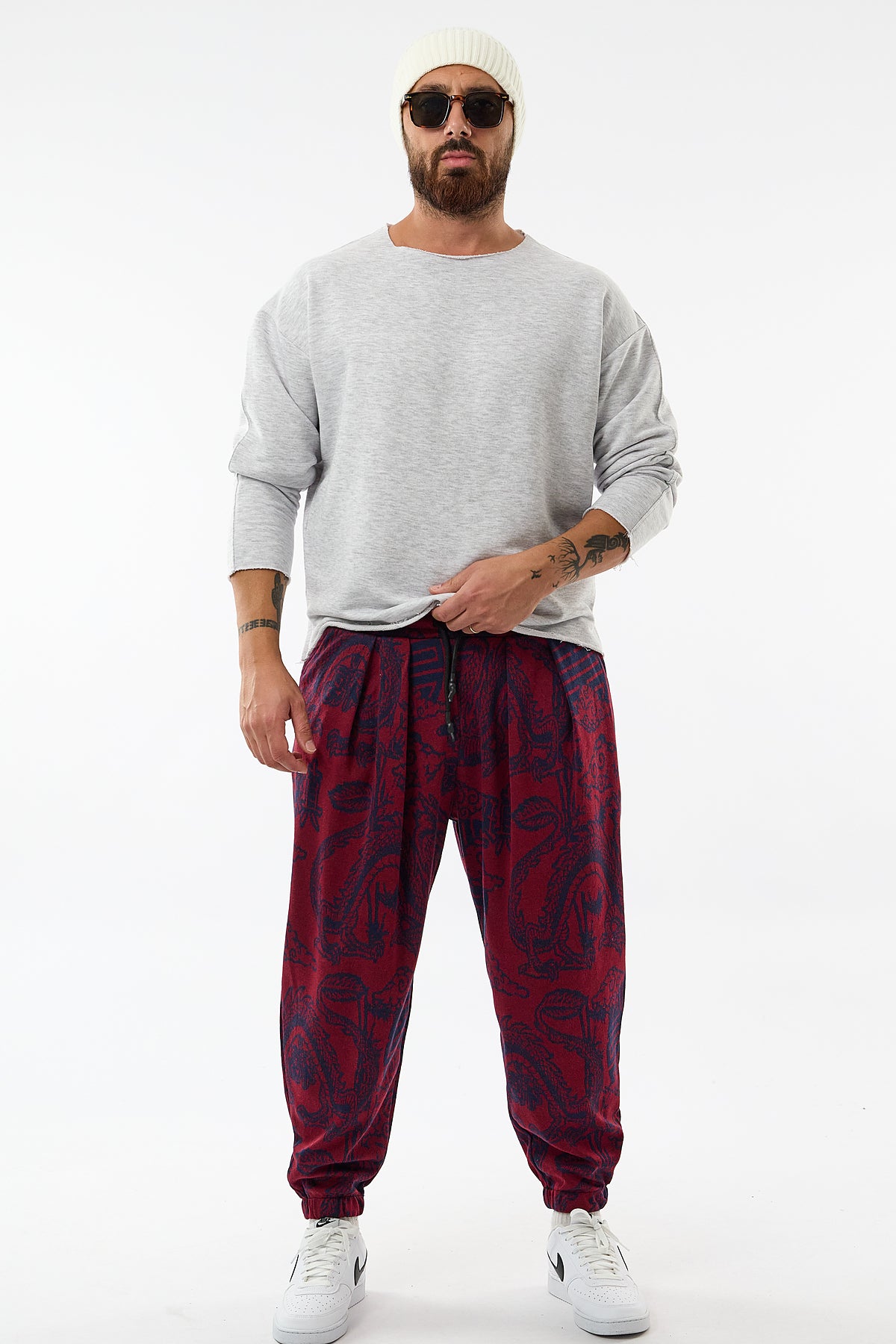 Bordo Dragon Baskılı Esnek Bel Rahat Kesim Jogger Erkek Pantolon COC3652