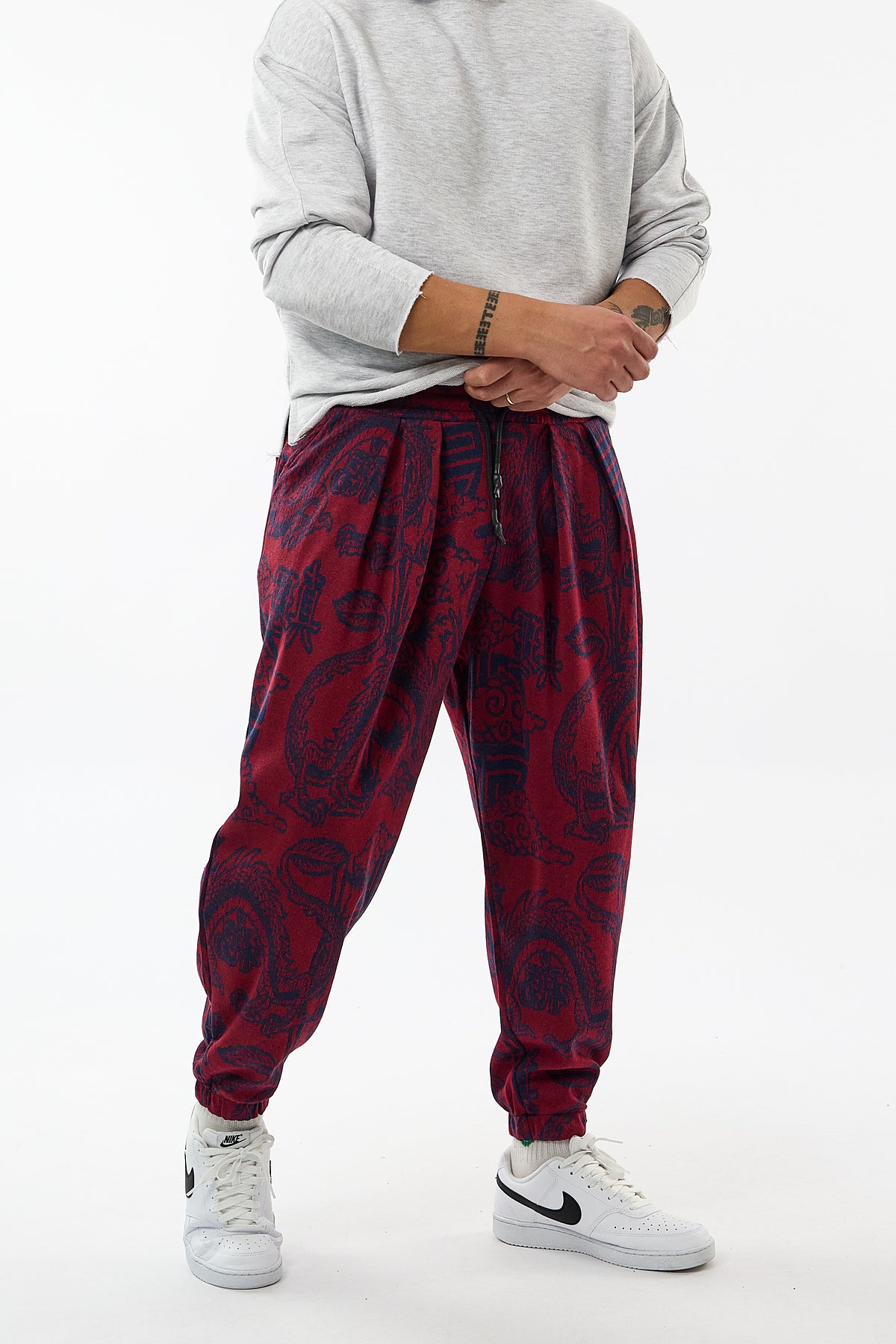 Bordo Dragon Baskılı Esnek Bel Rahat Kesim Jogger Erkek Pantolon COC3652