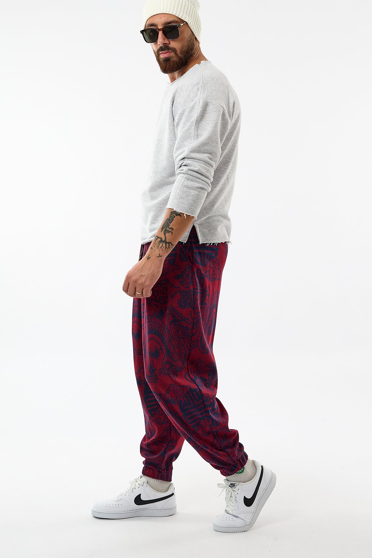 Bordo Dragon Baskılı Esnek Bel Rahat Kesim Jogger Erkek Pantolon COC3652