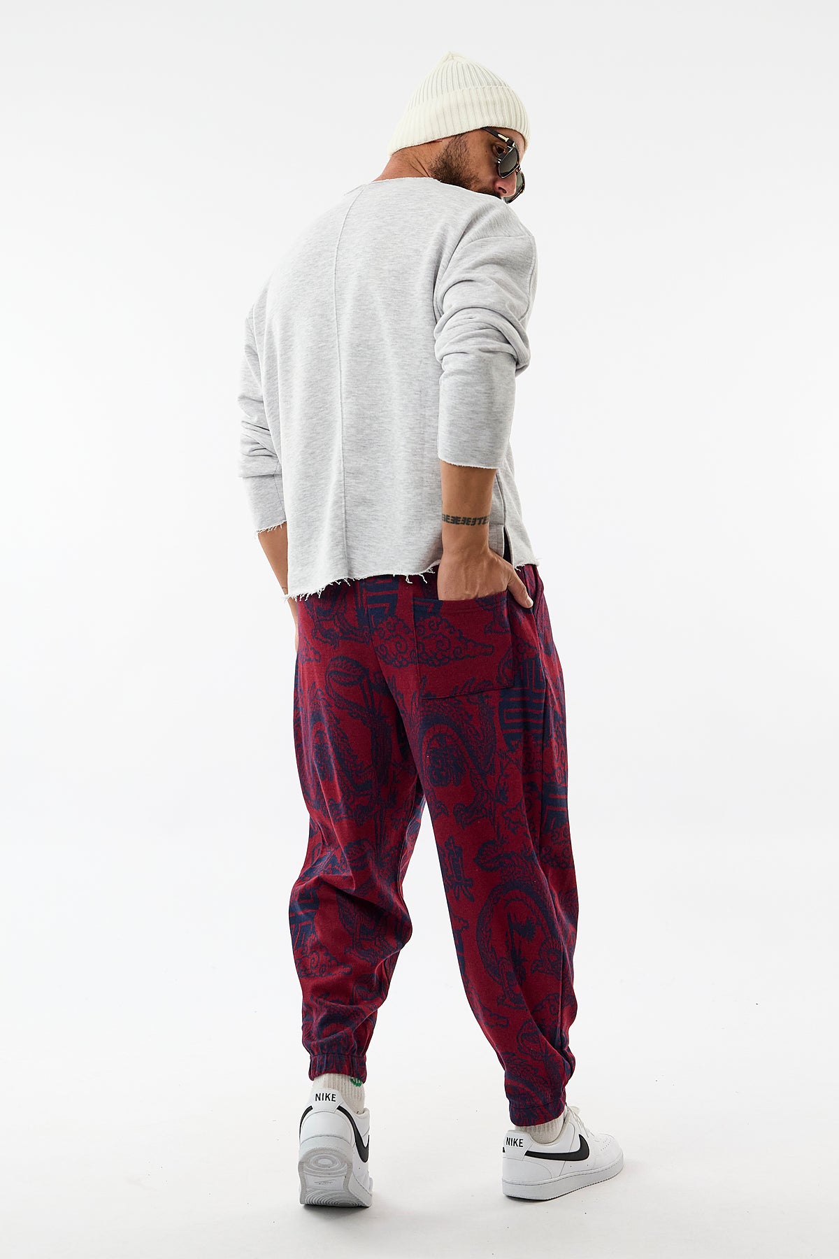 Bordo Dragon Baskılı Esnek Bel Rahat Kesim Jogger Erkek Pantolon COC3652