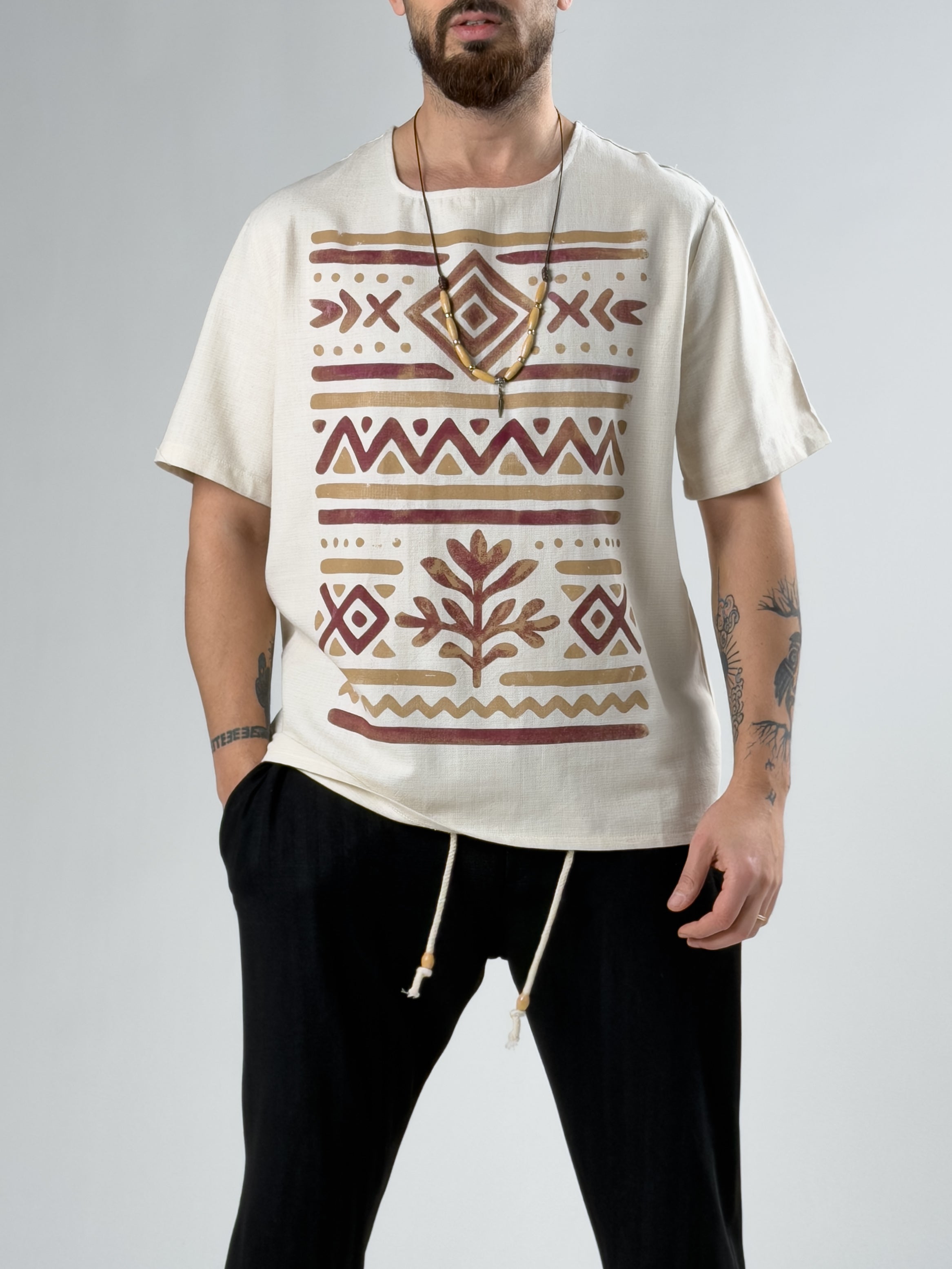 Bordo Etnik Tasarım Erkek T-Shirt COC2871