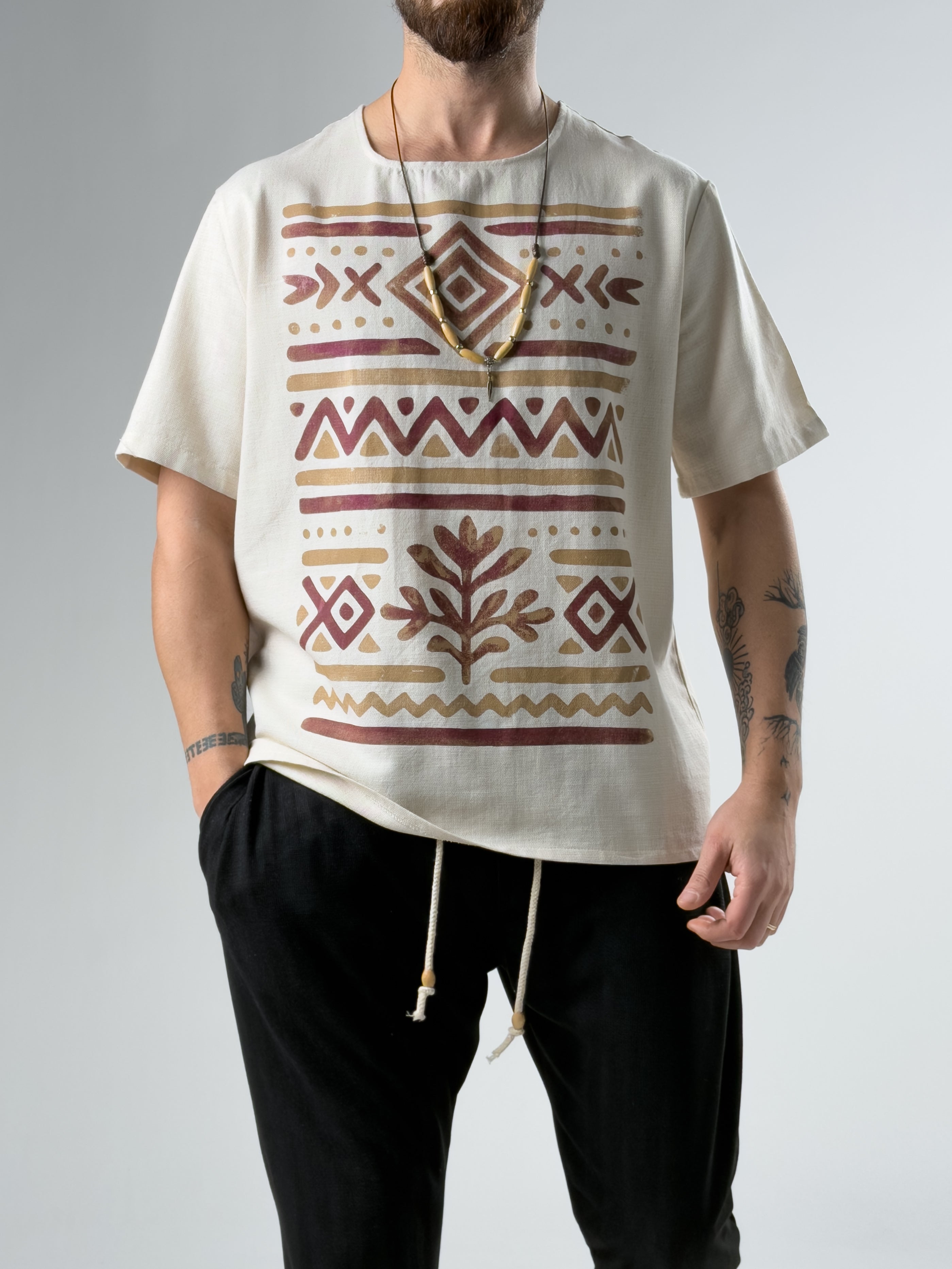 Bordo Etnik Tasarım Erkek T-Shirt COC2871