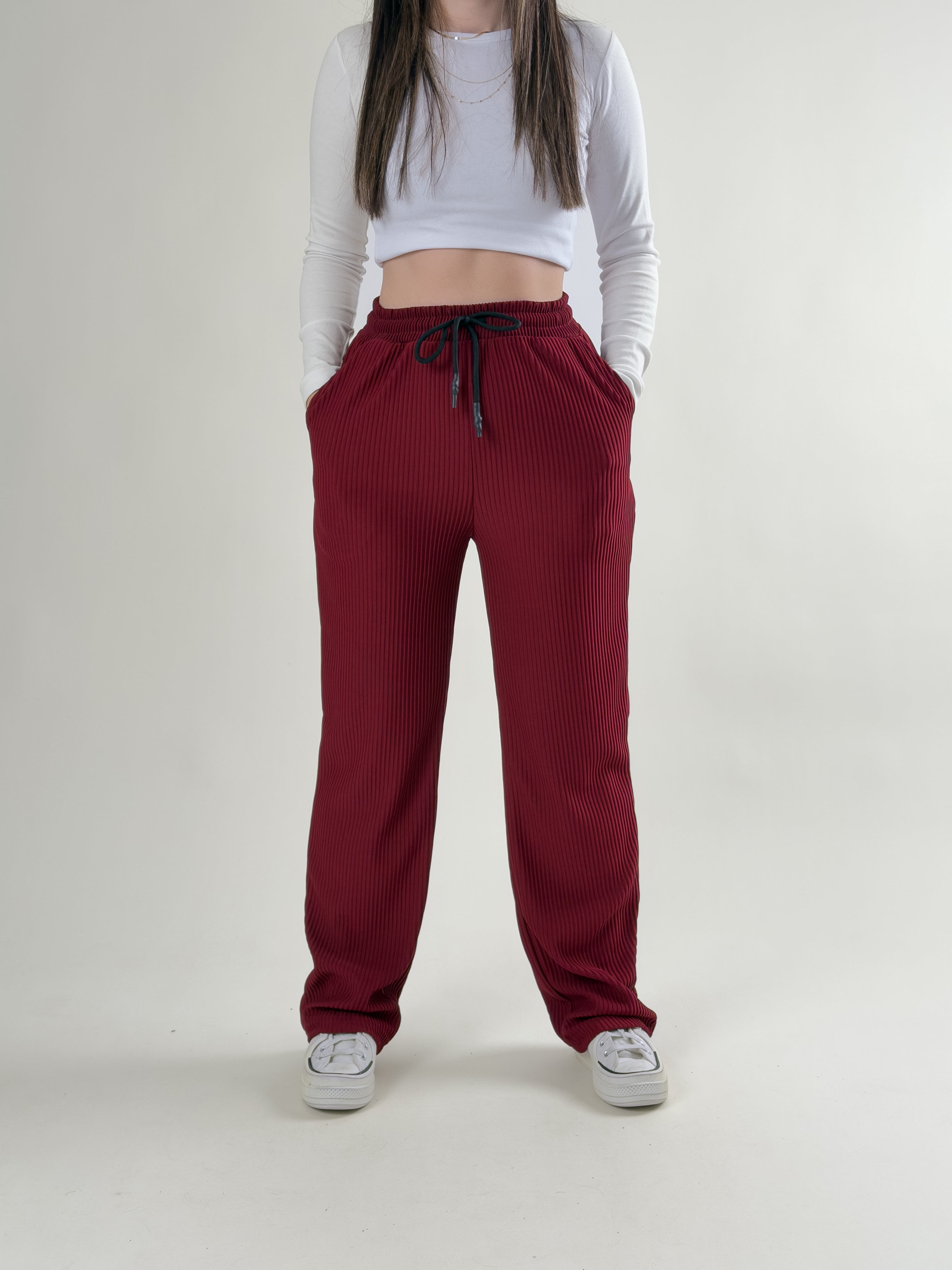 Bordo Fitilli Kadın Baggy Pantolon COC2677
