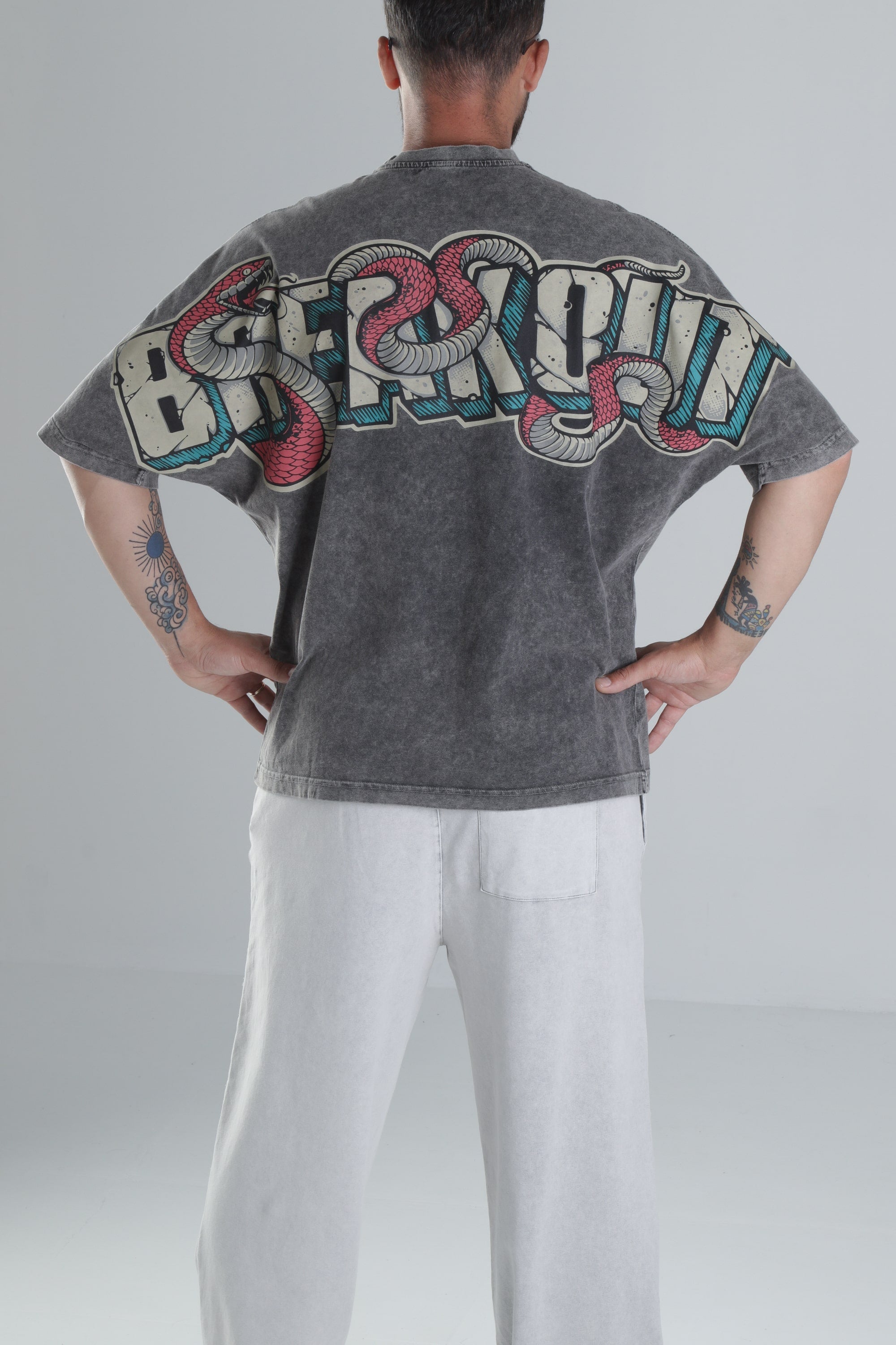 Breakout Yıkamalı Antrasit Oversize Tasarım T-Shirt COC1484