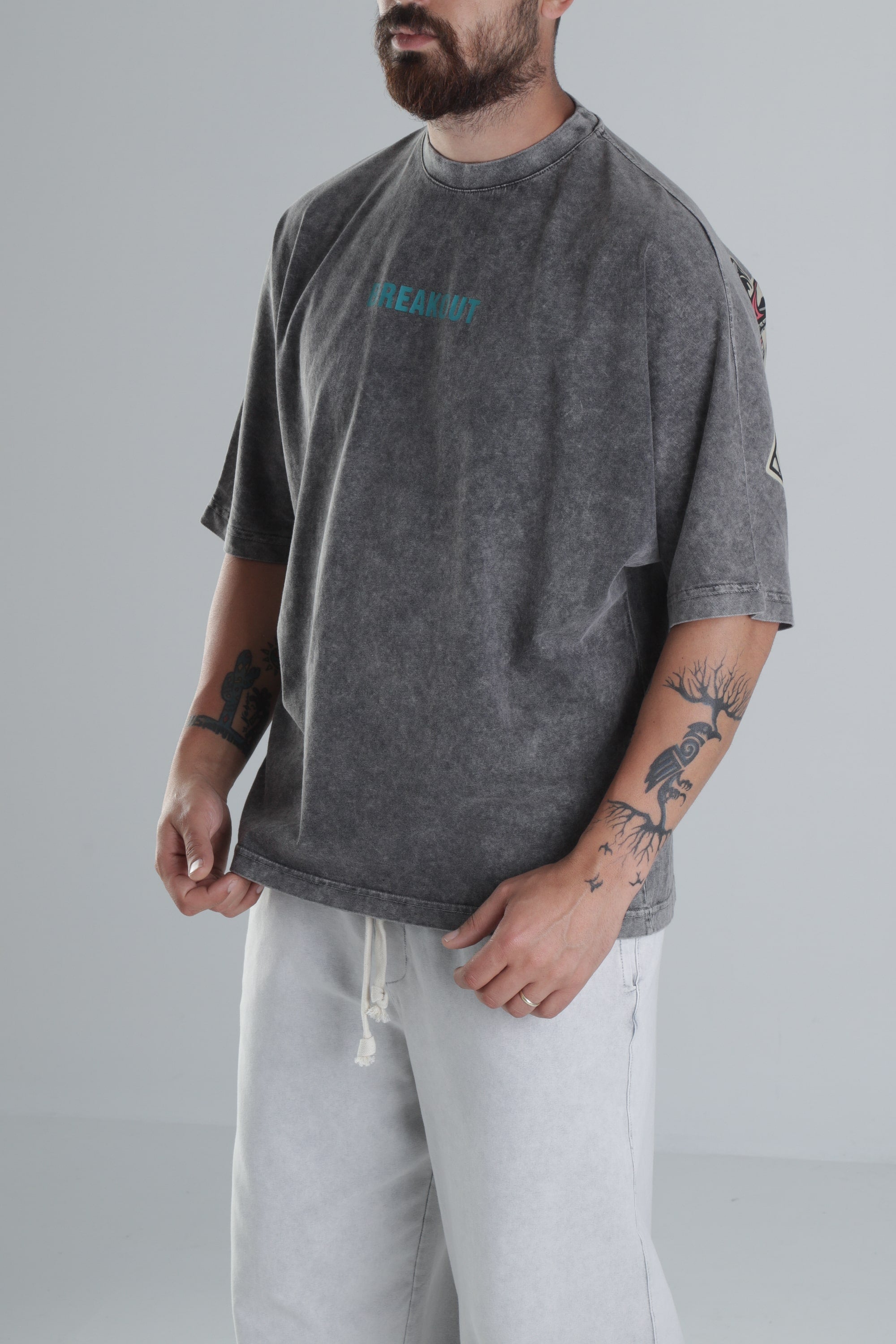 Breakout Yıkamalı Antrasit Oversize Tasarım T-Shirt COC1484