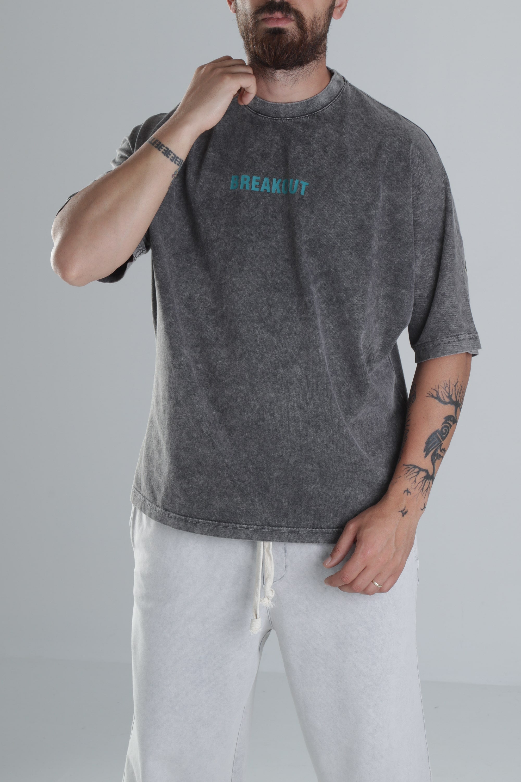 Breakout Yıkamalı Antrasit Oversize Tasarım T-Shirt COC1484