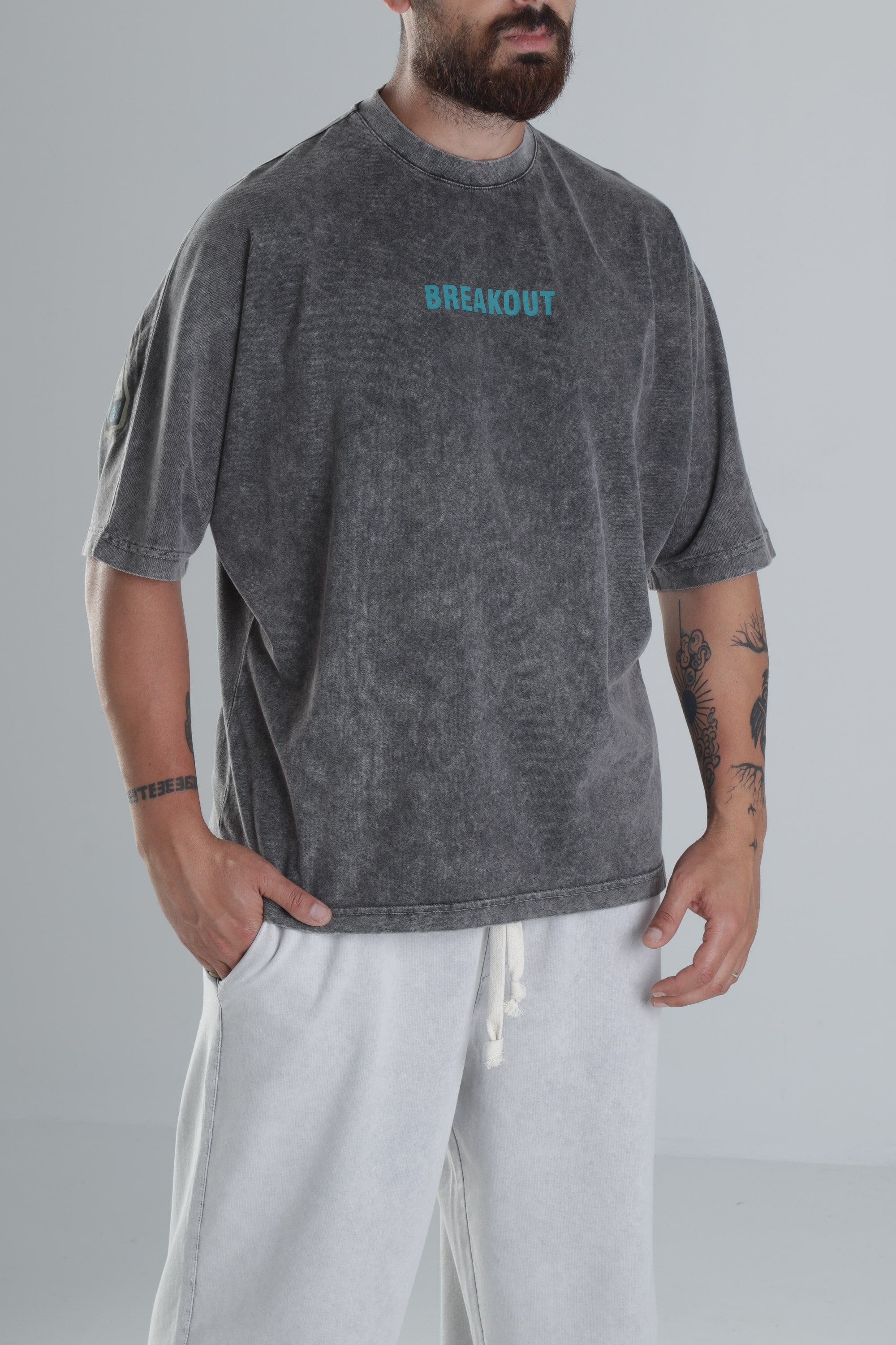 Breakout Yıkamalı Antrasit Oversize Tasarım T-Shirt COC1484