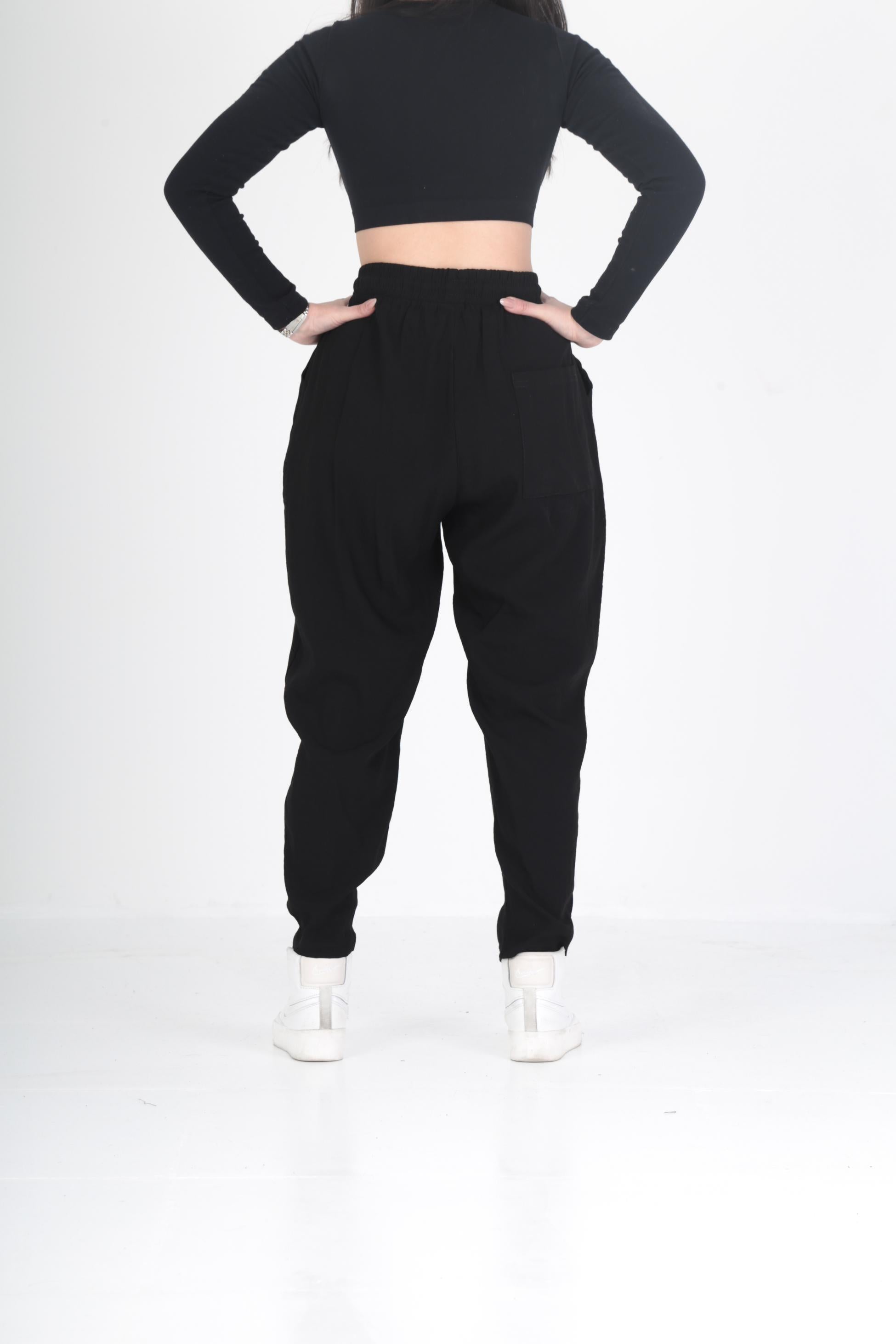 Bürümcük Kumaş Siyah Pileli Jogger Pantolon COC2479