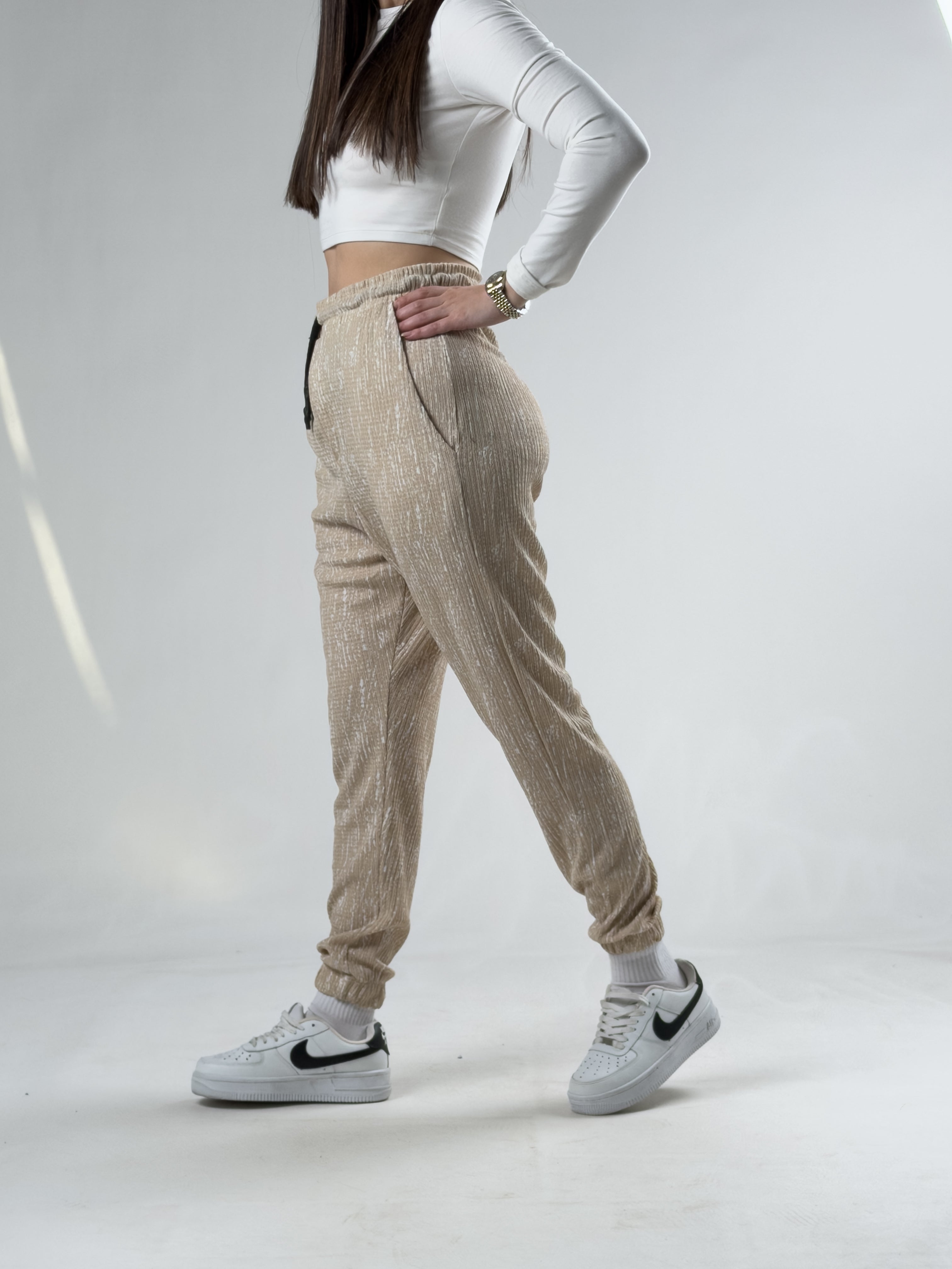 Bürümcük Kumaş Kadın Bej Jogger Pantolon COCK0006
