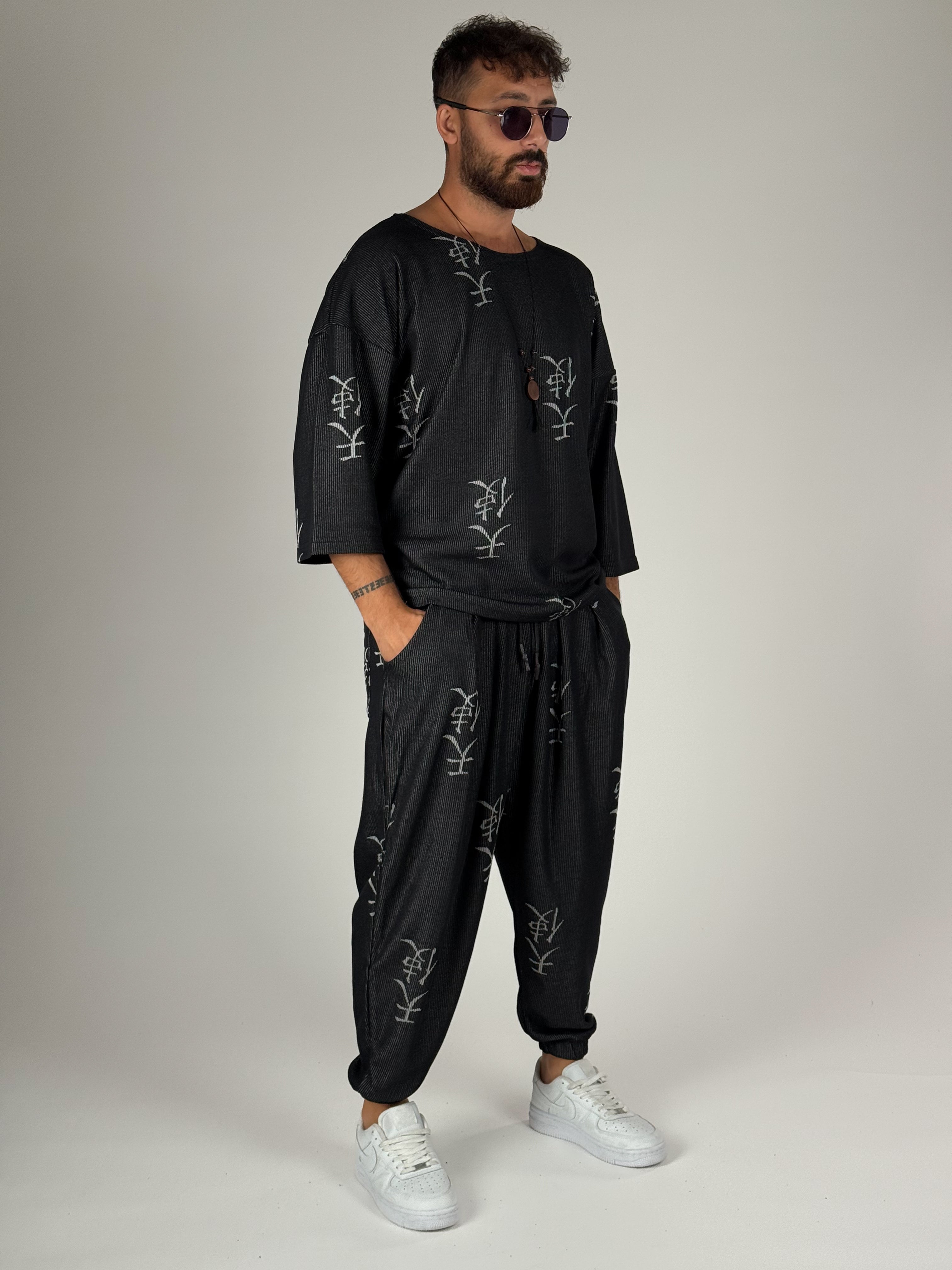 Erkek Chinese Desenli Fakir Kol Oversize T-Shirt COC2566