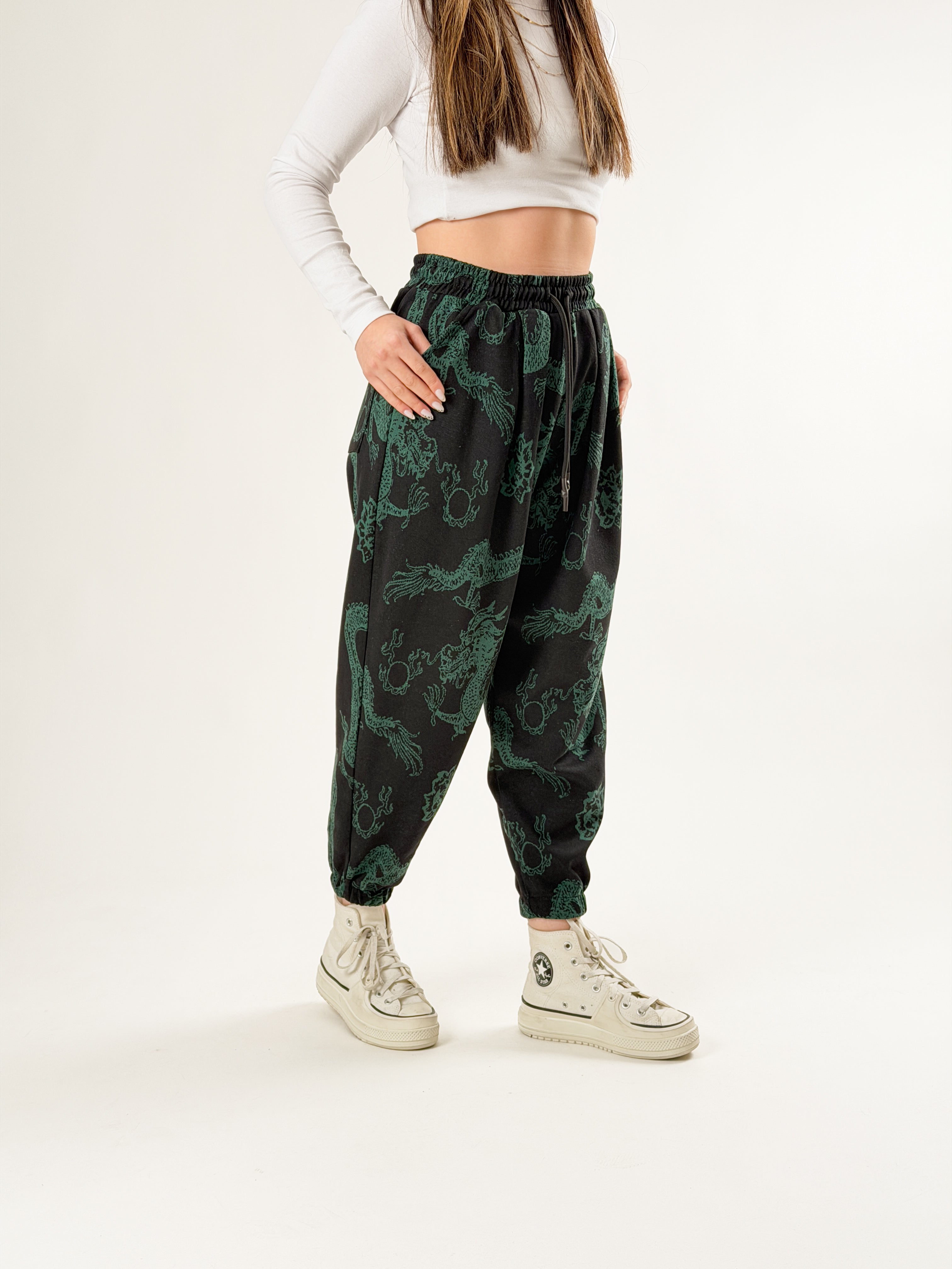 Chinese Desenli Pileli Kadın Jogger Pantolon COC2679