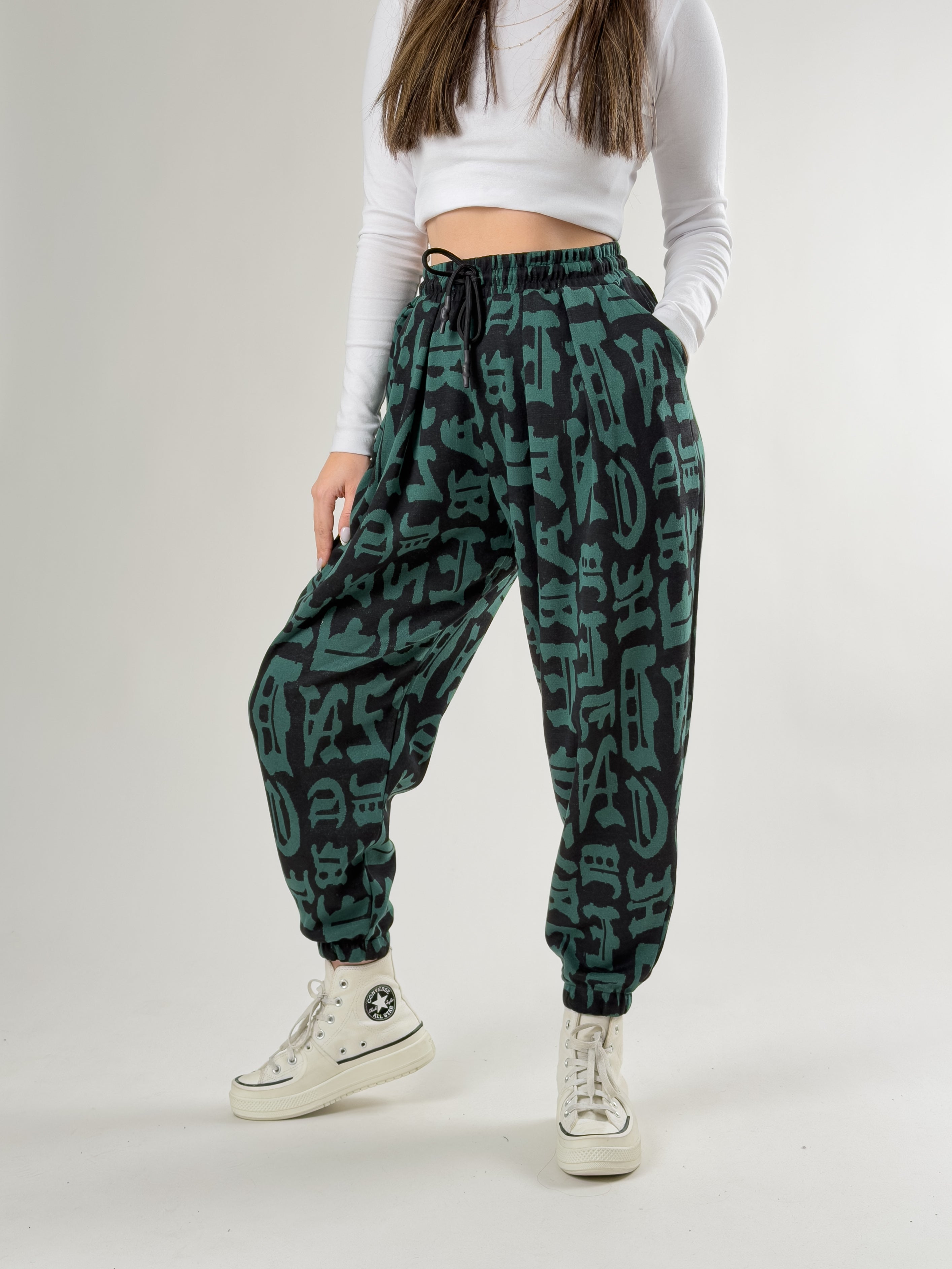 Chinese Desenli Yeşil Kadın Jogger Pantolon COC2743
