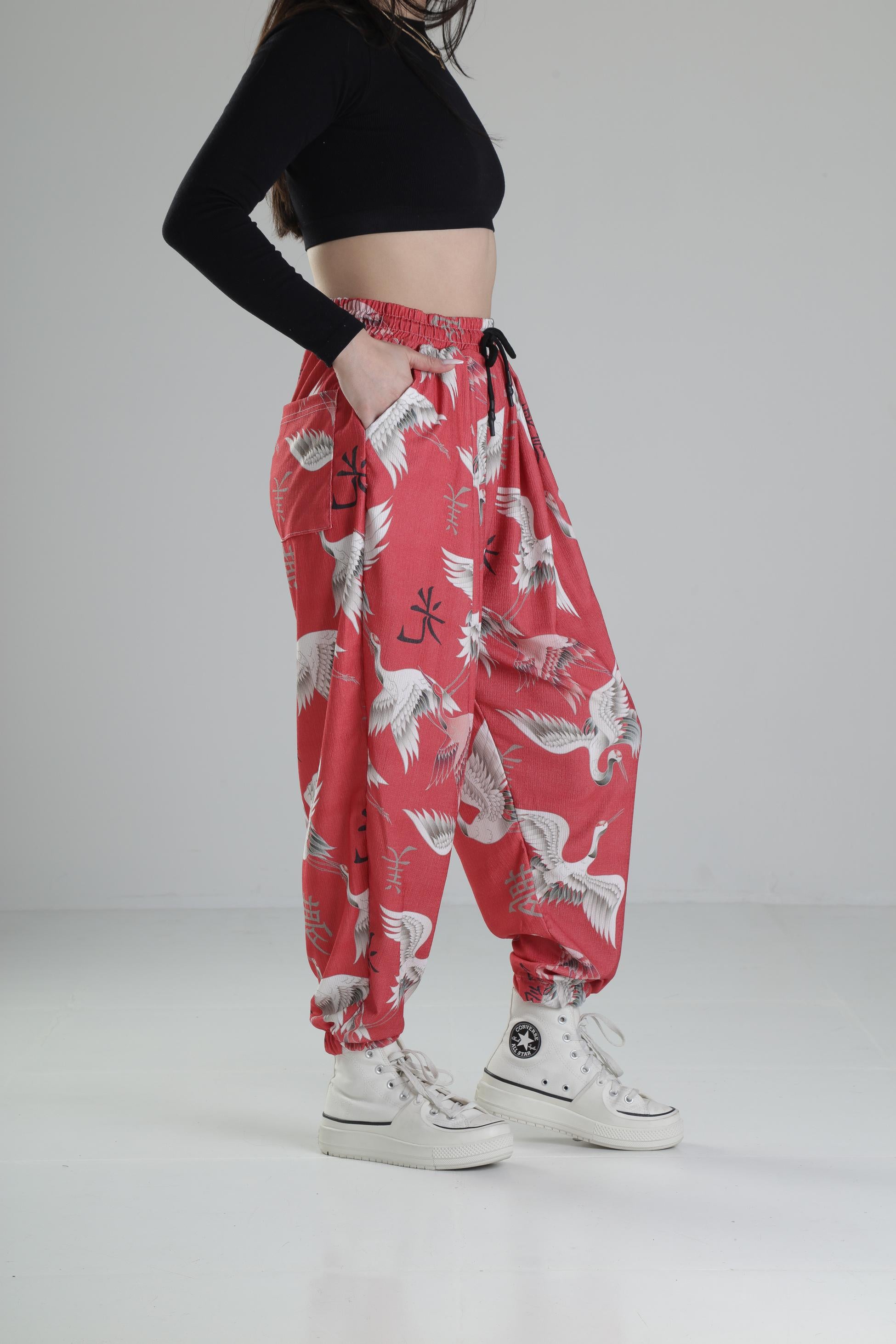 Chinese Kuş Desenli Pileli Jogger COC2326