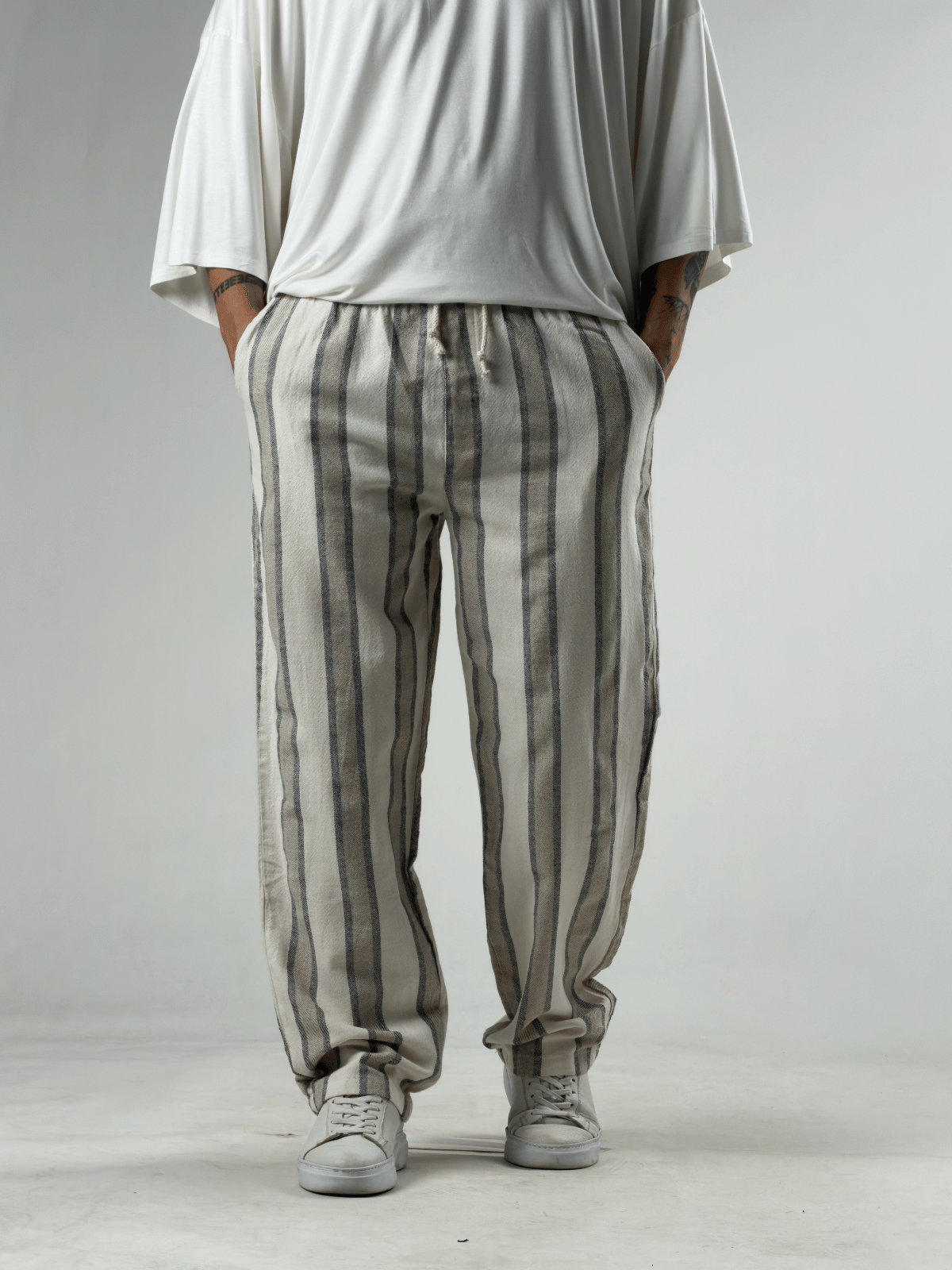 Çizgili Bej Keten Erkek Baggy Pantolon COC3290