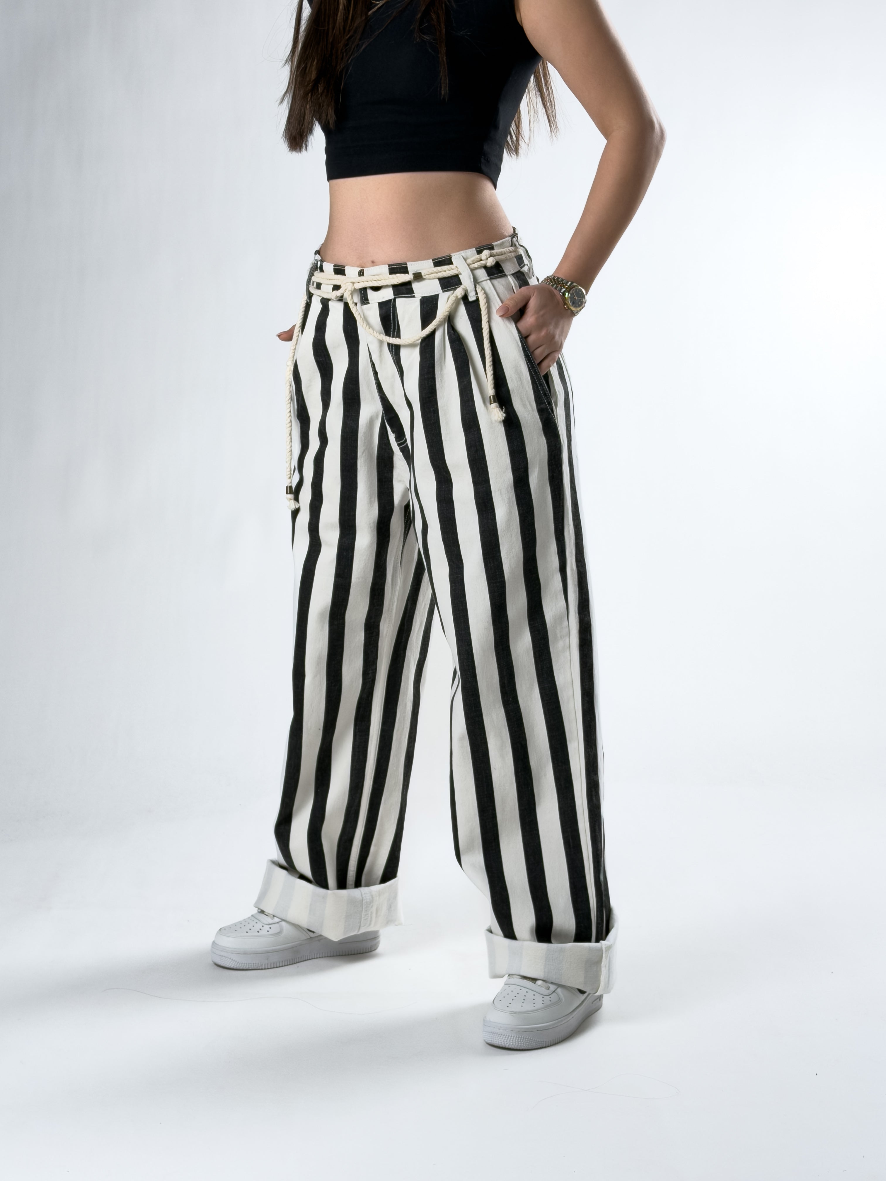 Çizgili Kadın Baggy Kot Pantolon COC2836