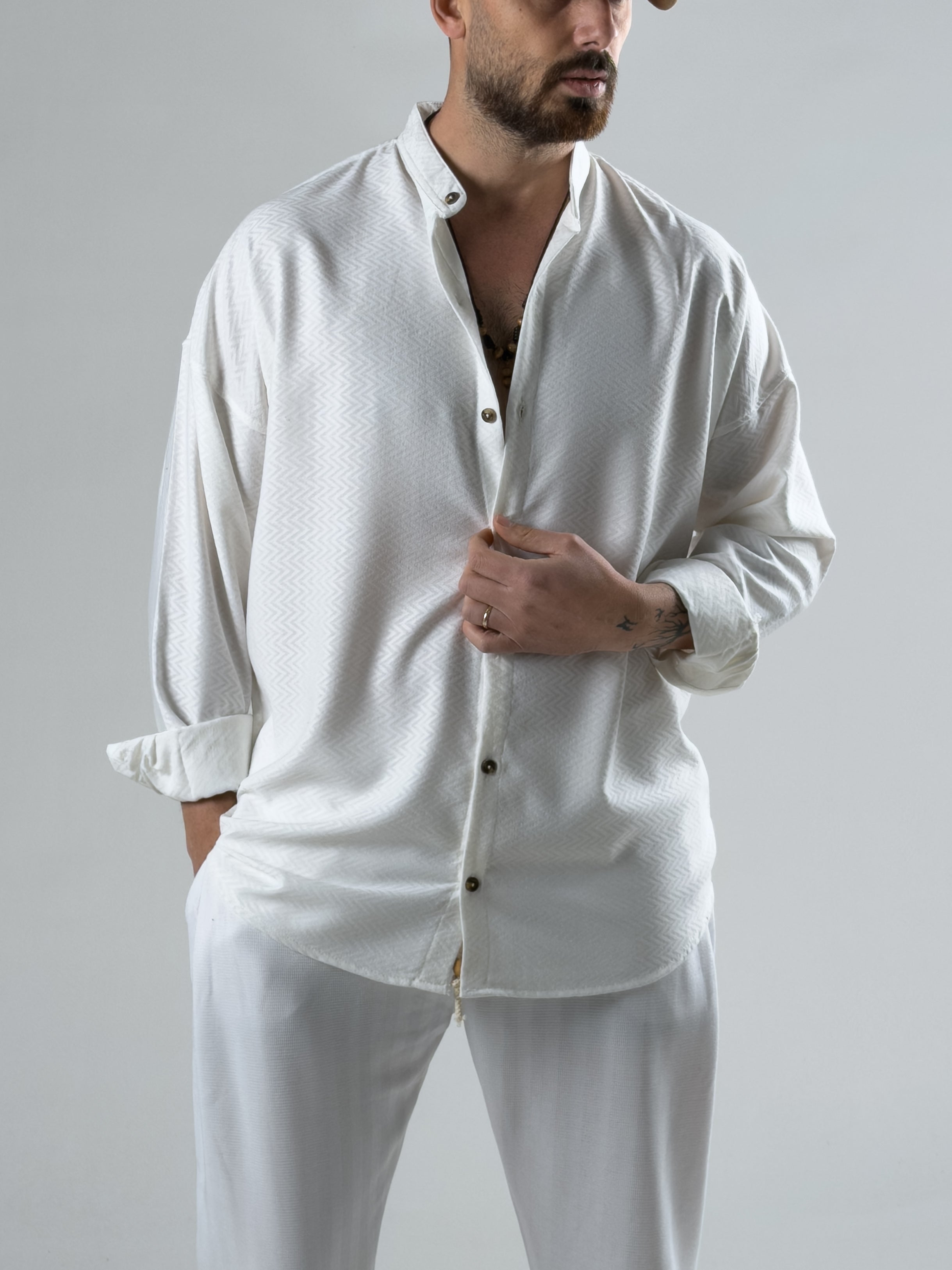 Desenli Beyaz Erkek Gömlek COC2980