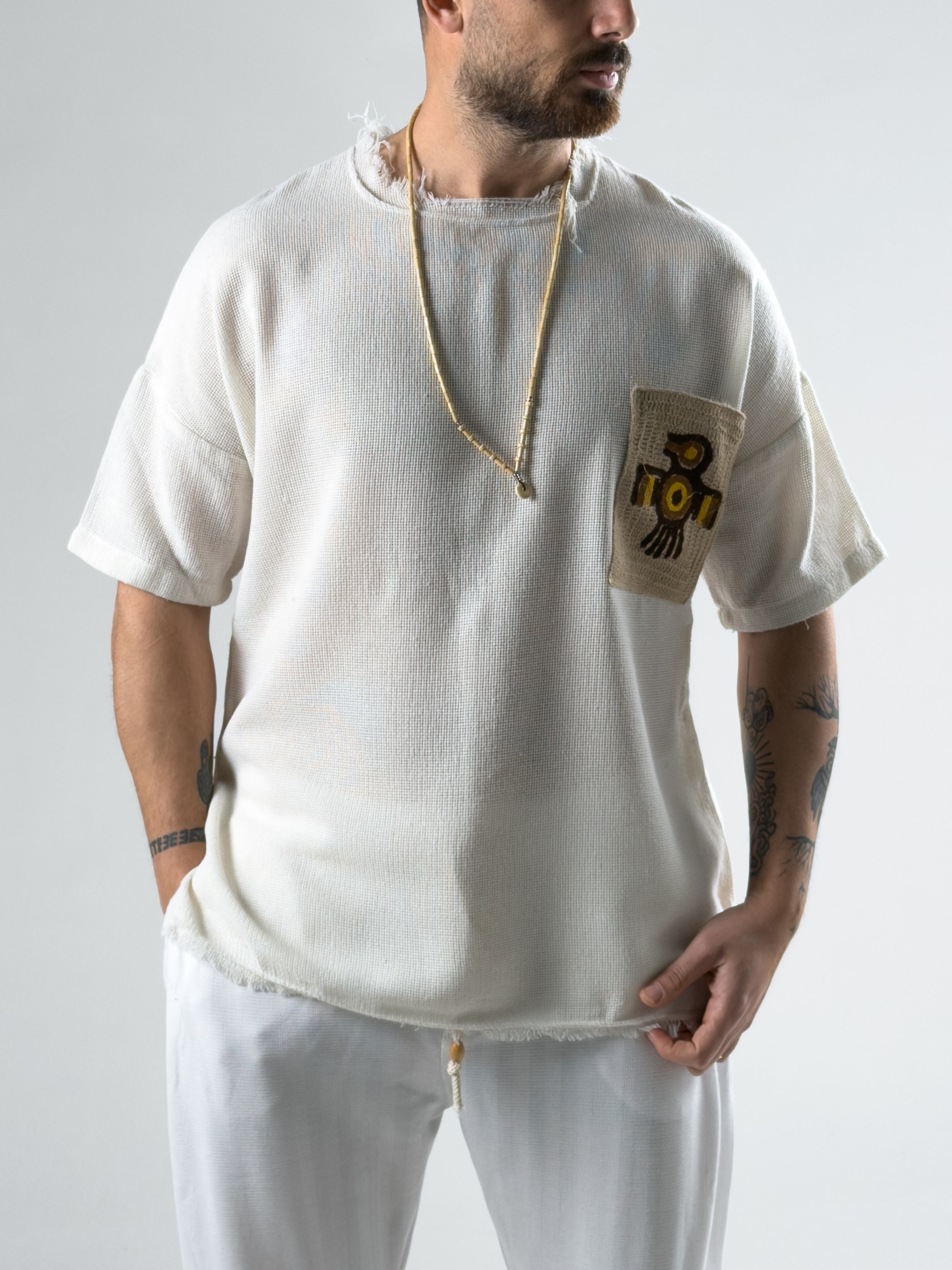 Desenli Cep Detaylı Bej Bohem T-Shirt COC2981
