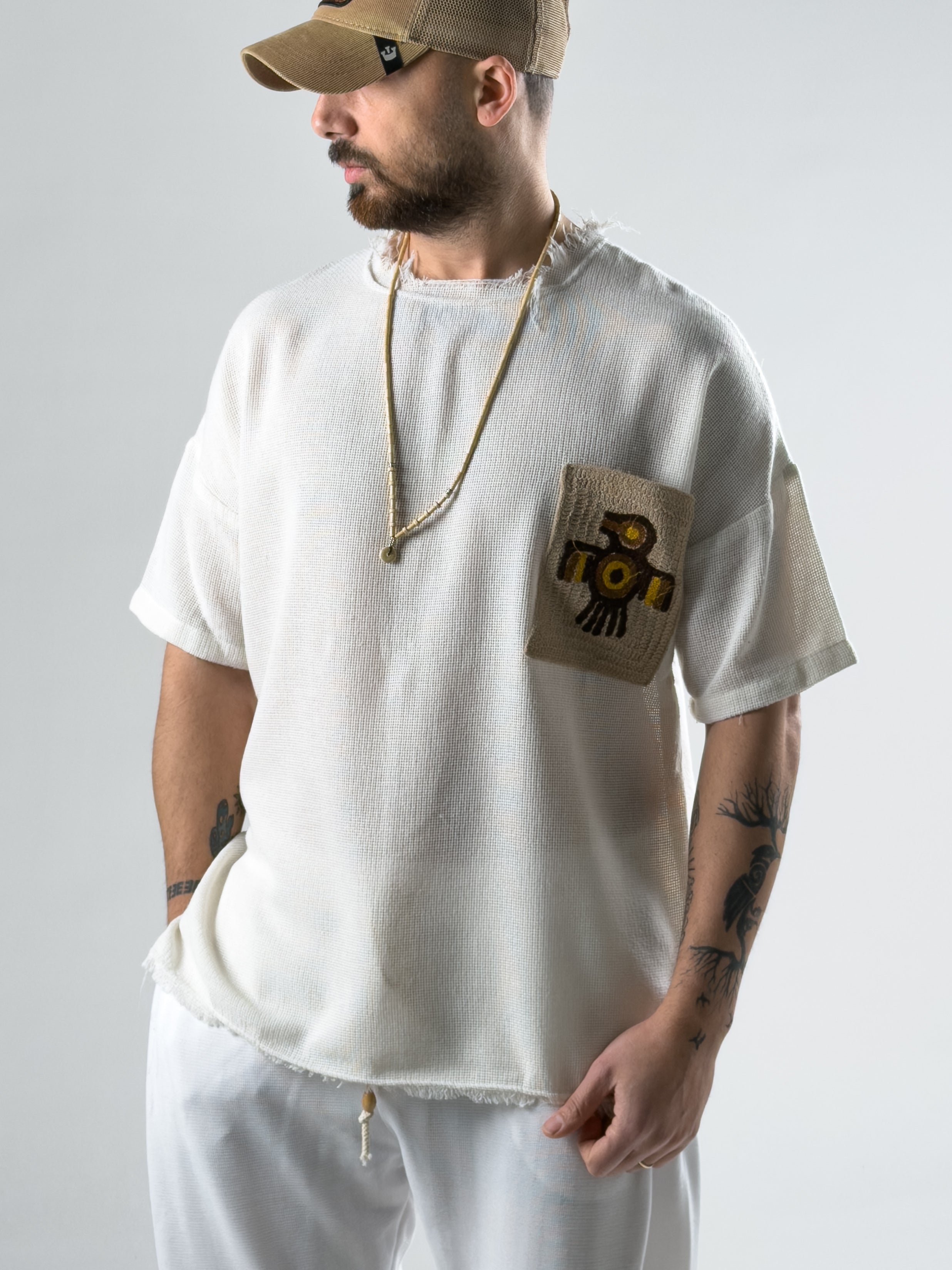 Desenli Cep Detaylı Bej Bohem T-Shirt COC2981