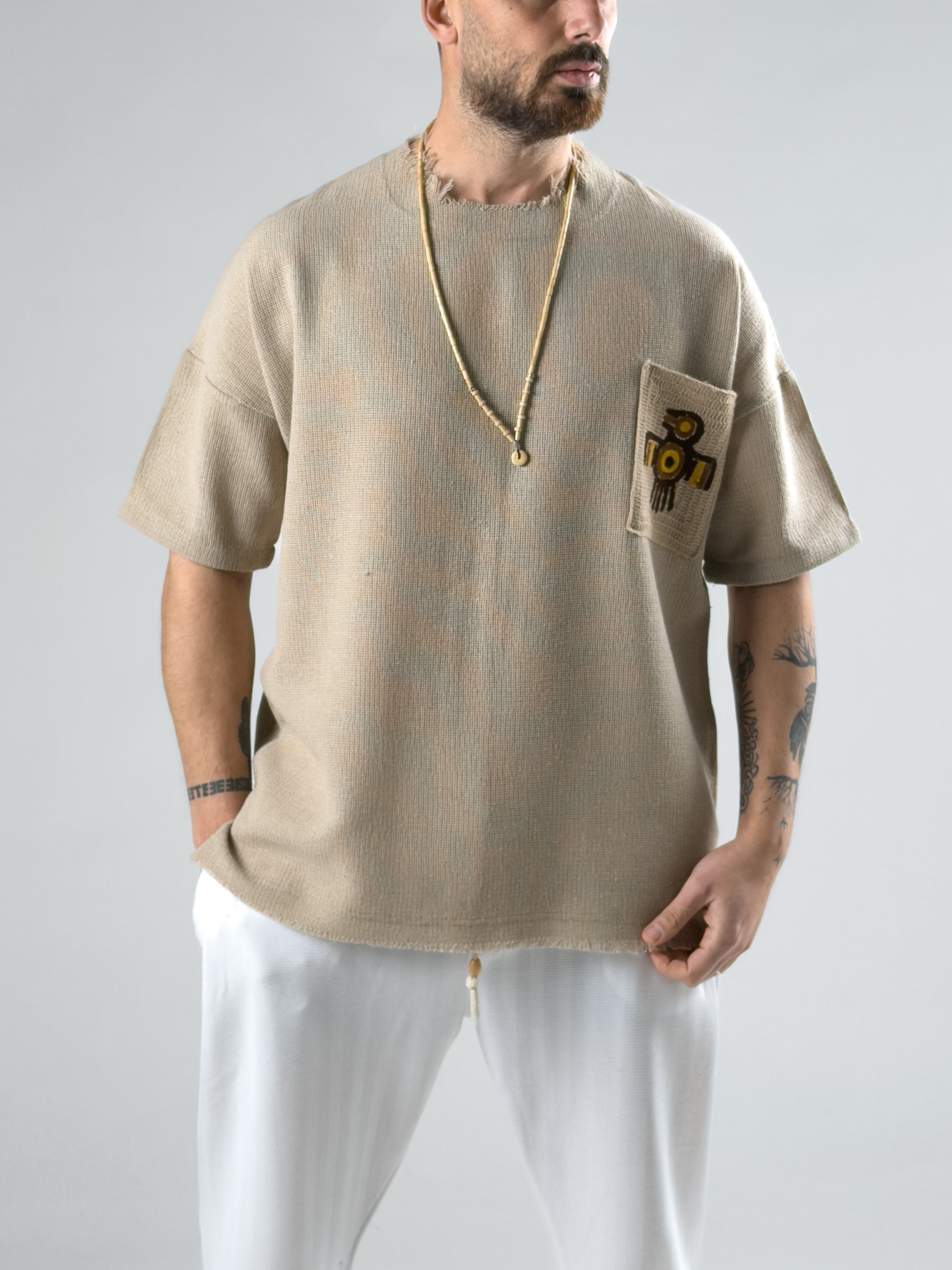 Desenli Cep Detaylı Kahverengi Bohem T-Shirt COC2982