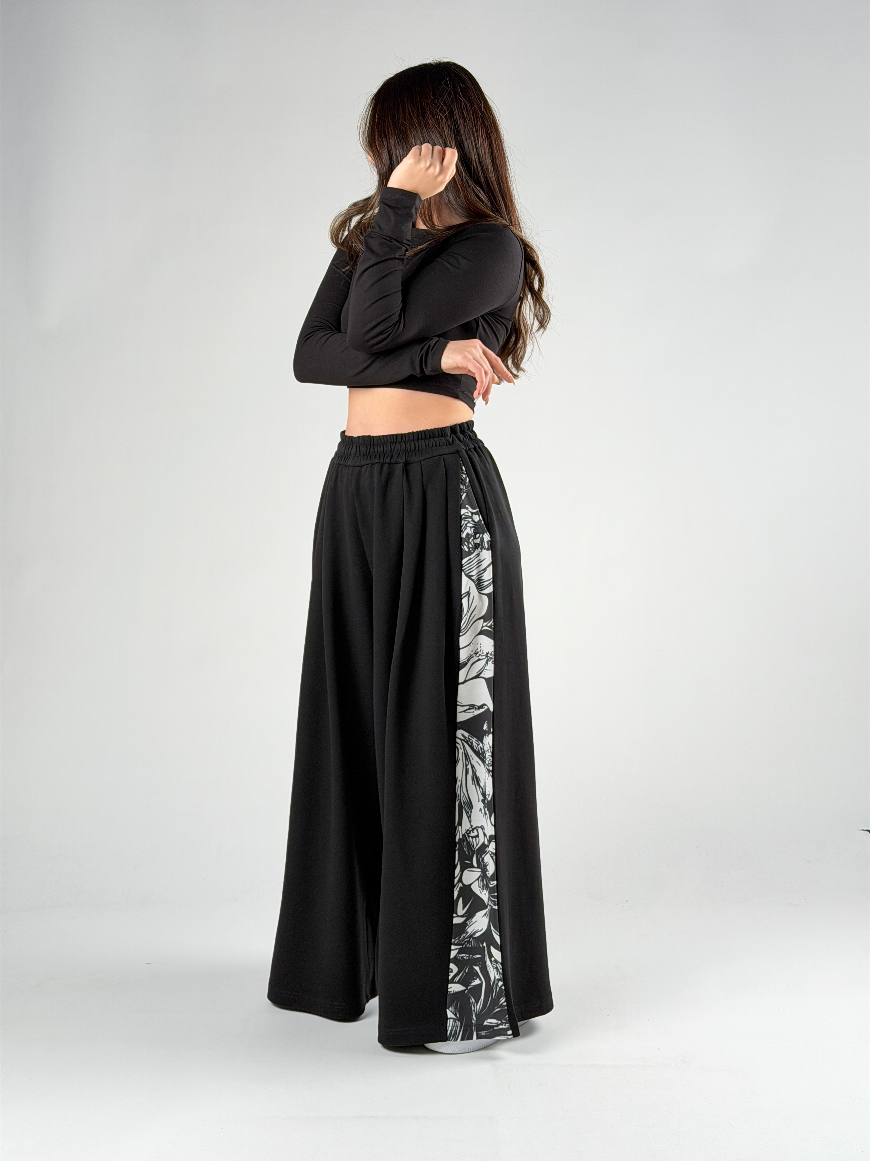 Desenli Siyah Oversize Kadın Samurai Pantolon COC2775