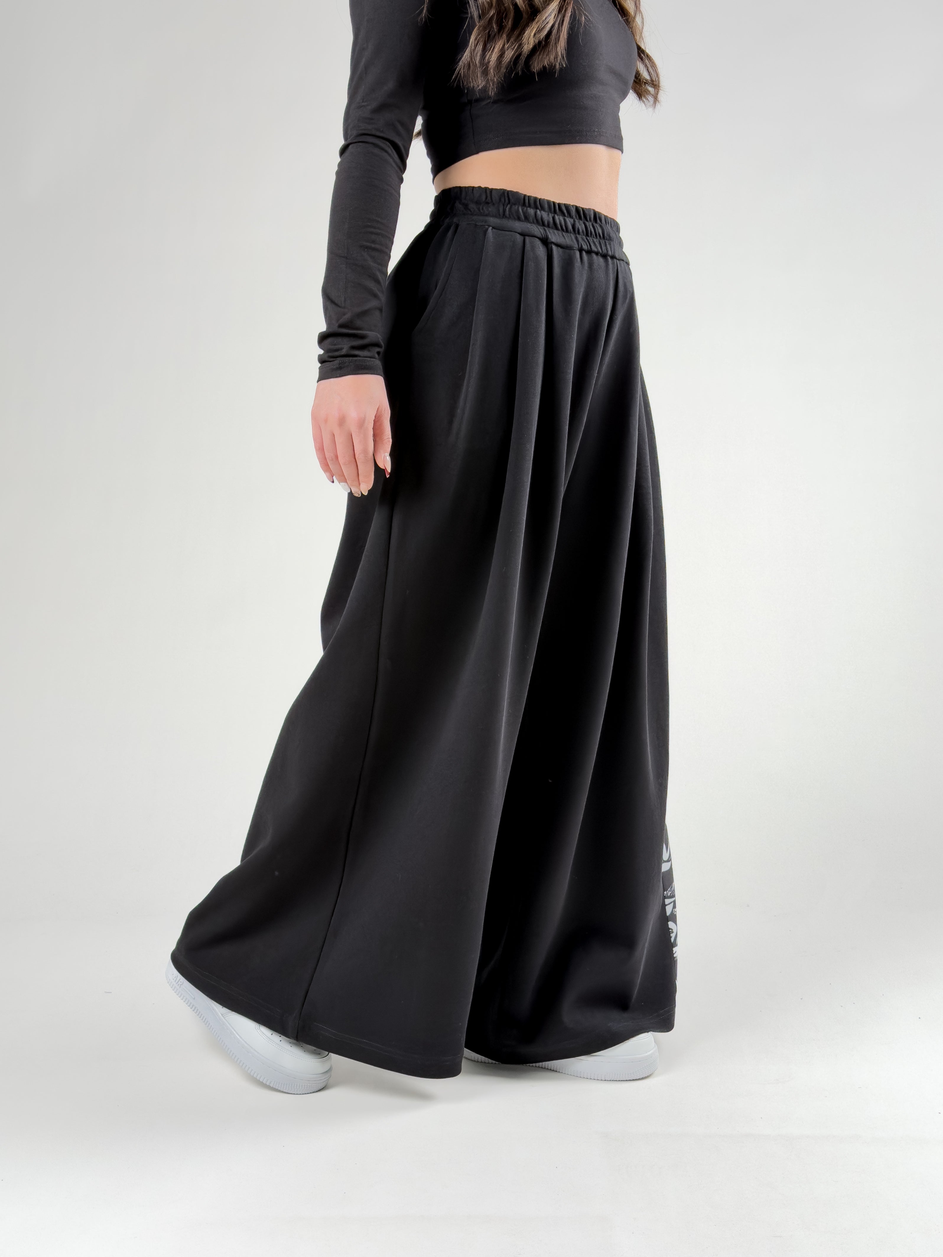 Desenli Siyah Oversize Kadın Samurai Pantolon COC2775