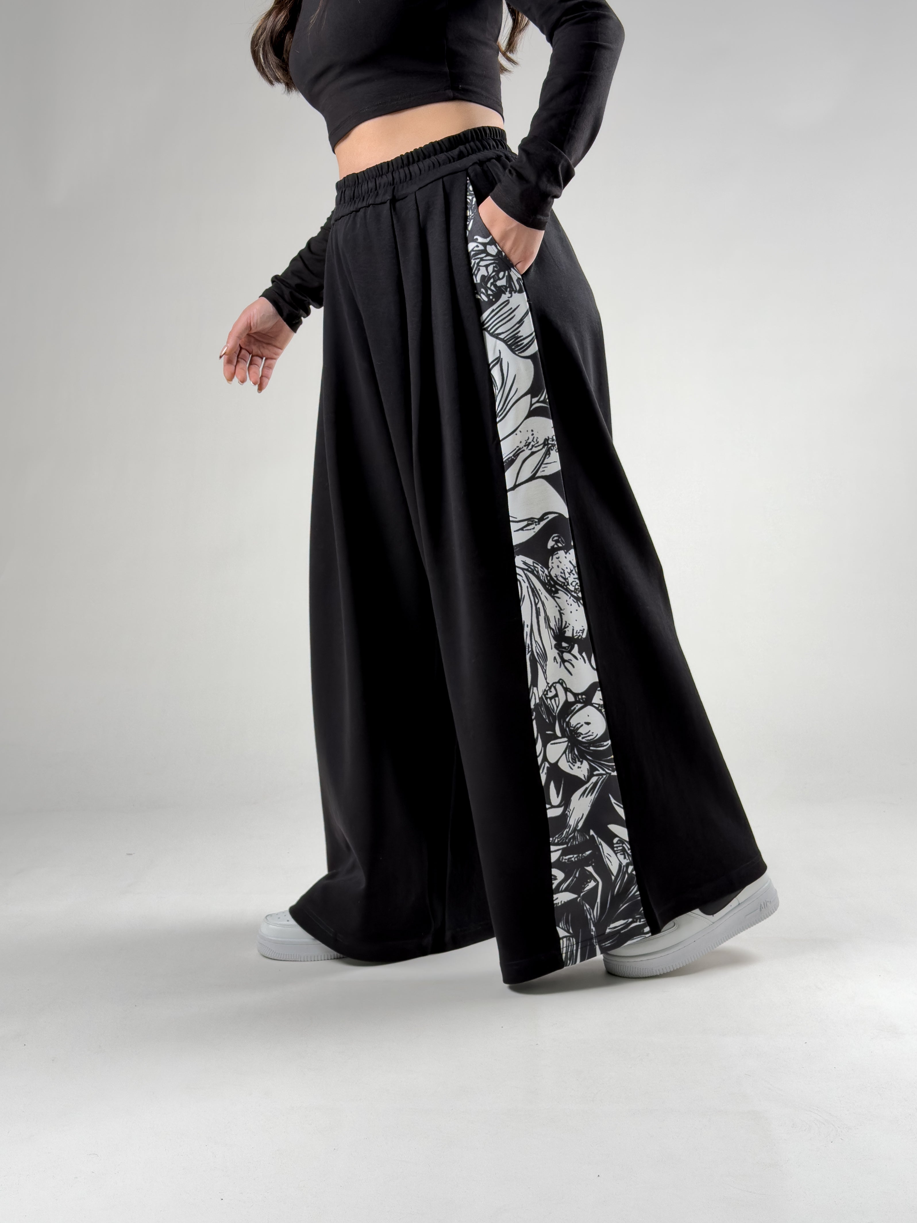 Desenli Siyah Oversize Kadın Samurai Pantolon COC2775