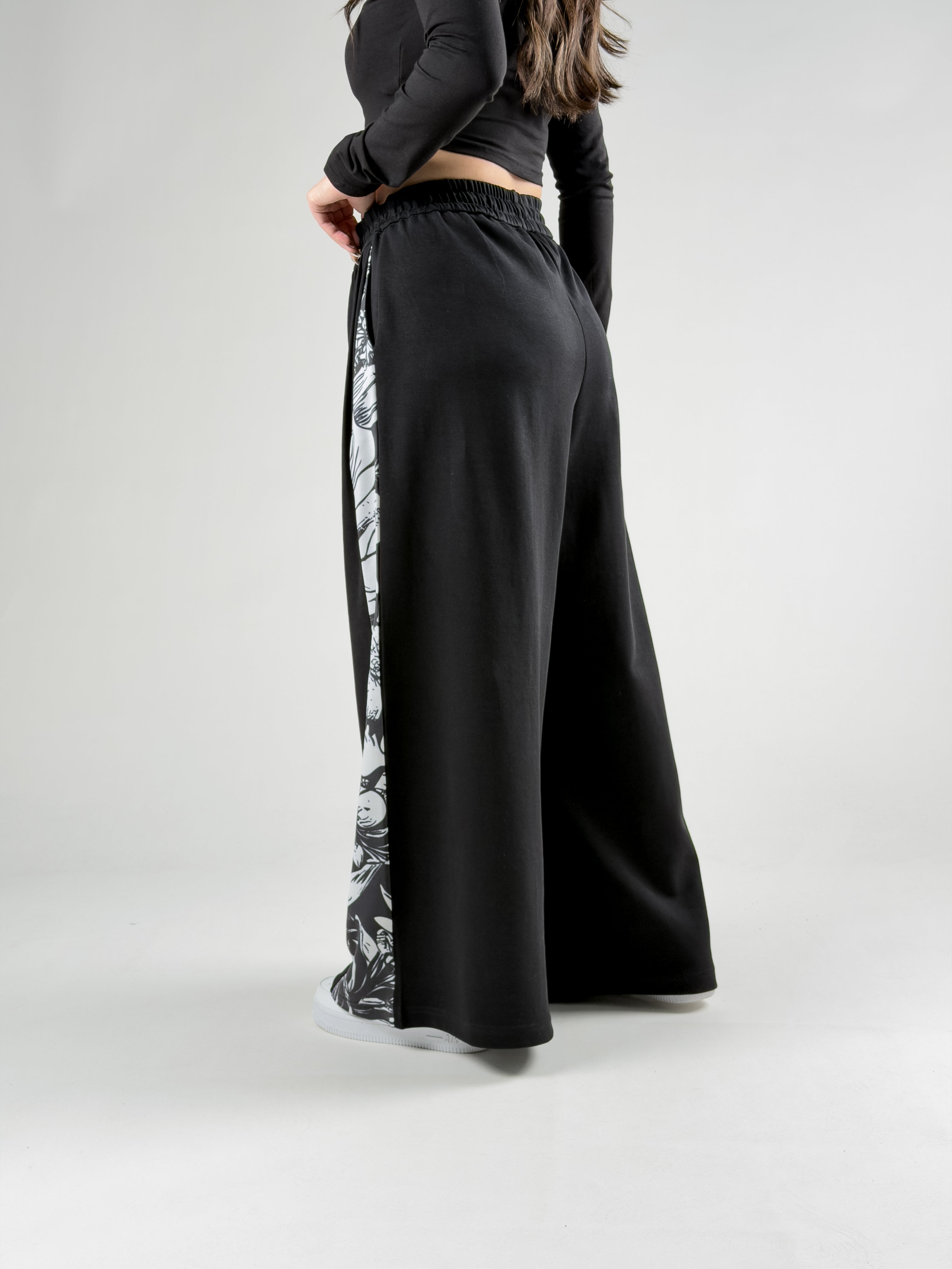Desenli Siyah Oversize Kadın Samurai Pantolon COC2775