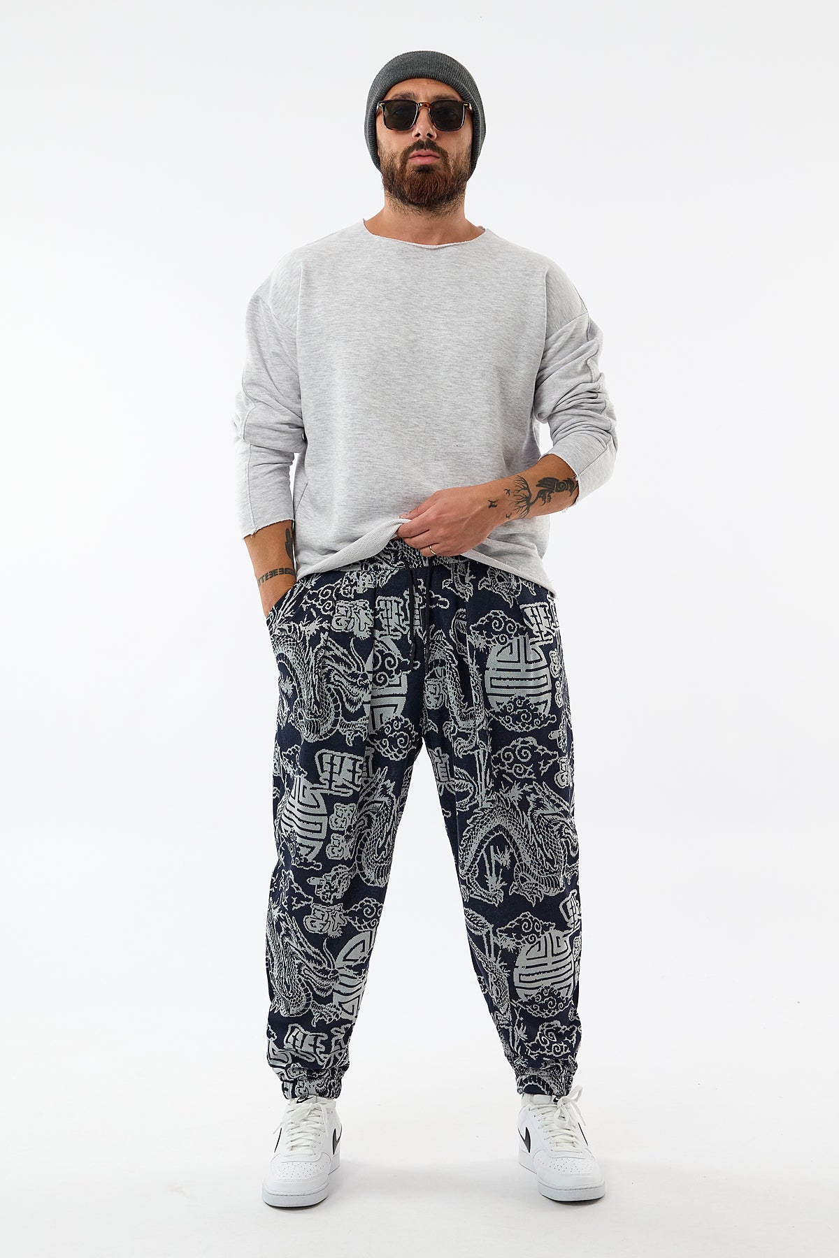 Dragon Baskılı Esnek Bel Rahat Kesim Jogger Erkek Pantolon COC3646