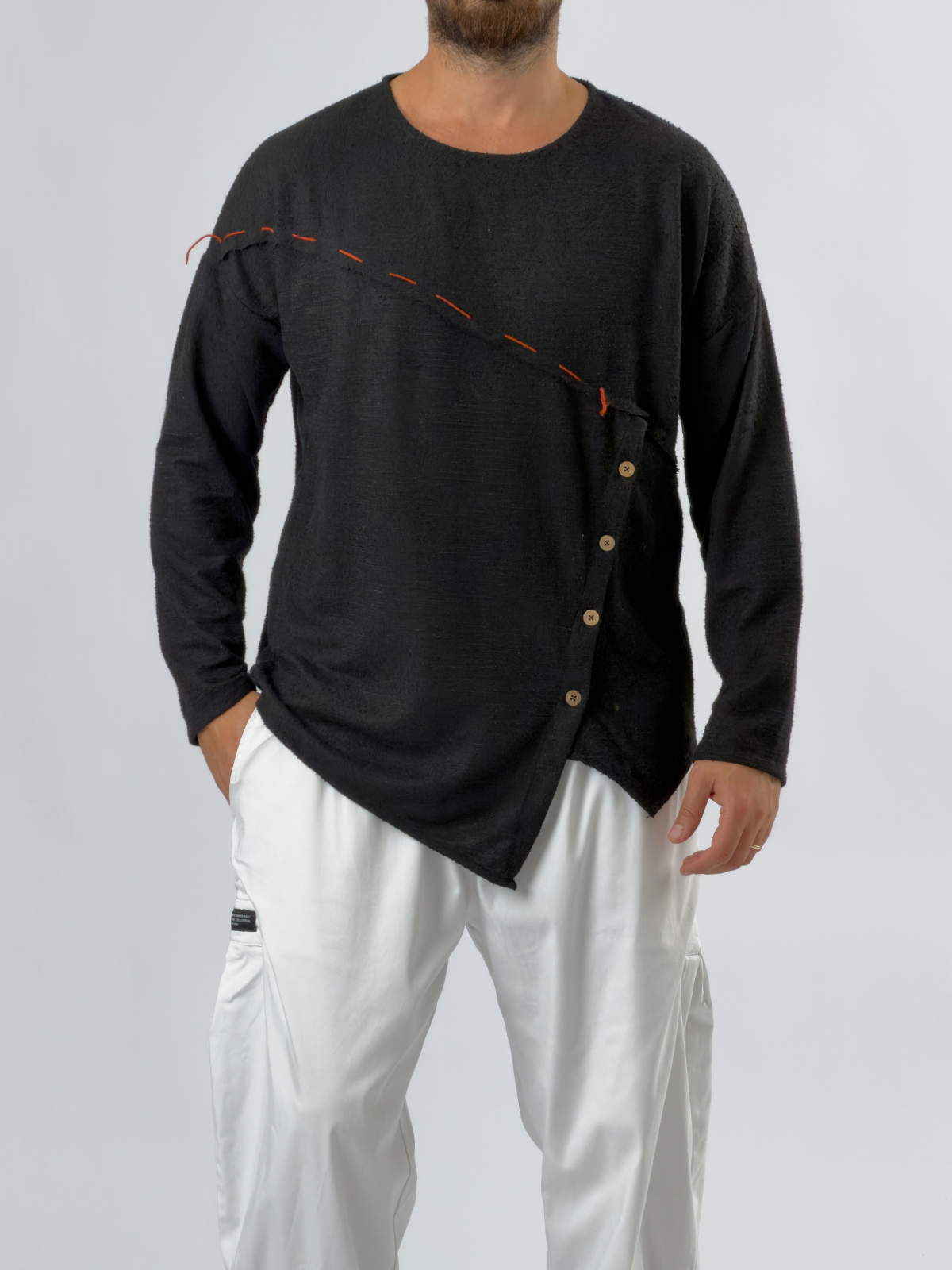 Düğmeli Asimetrik Siyah Erkek Sweatshirt COC3524