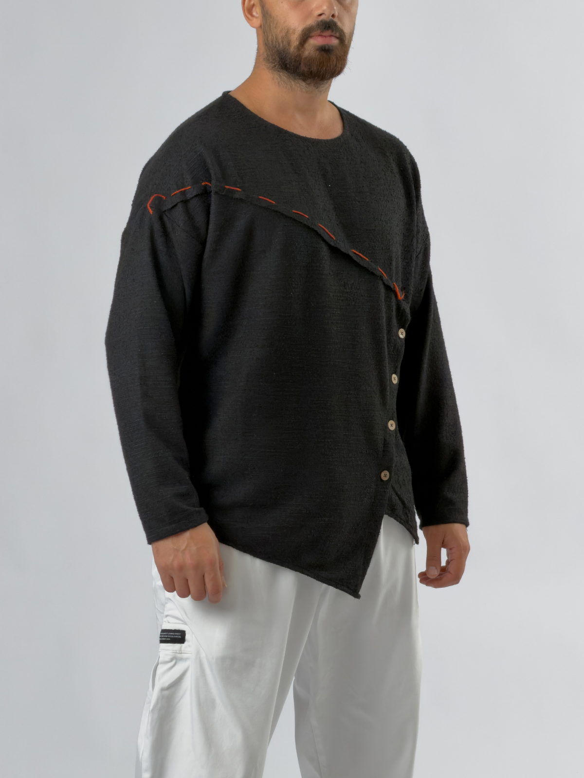 Düğmeli Asimetrik Siyah Erkek Sweatshirt COC3524
