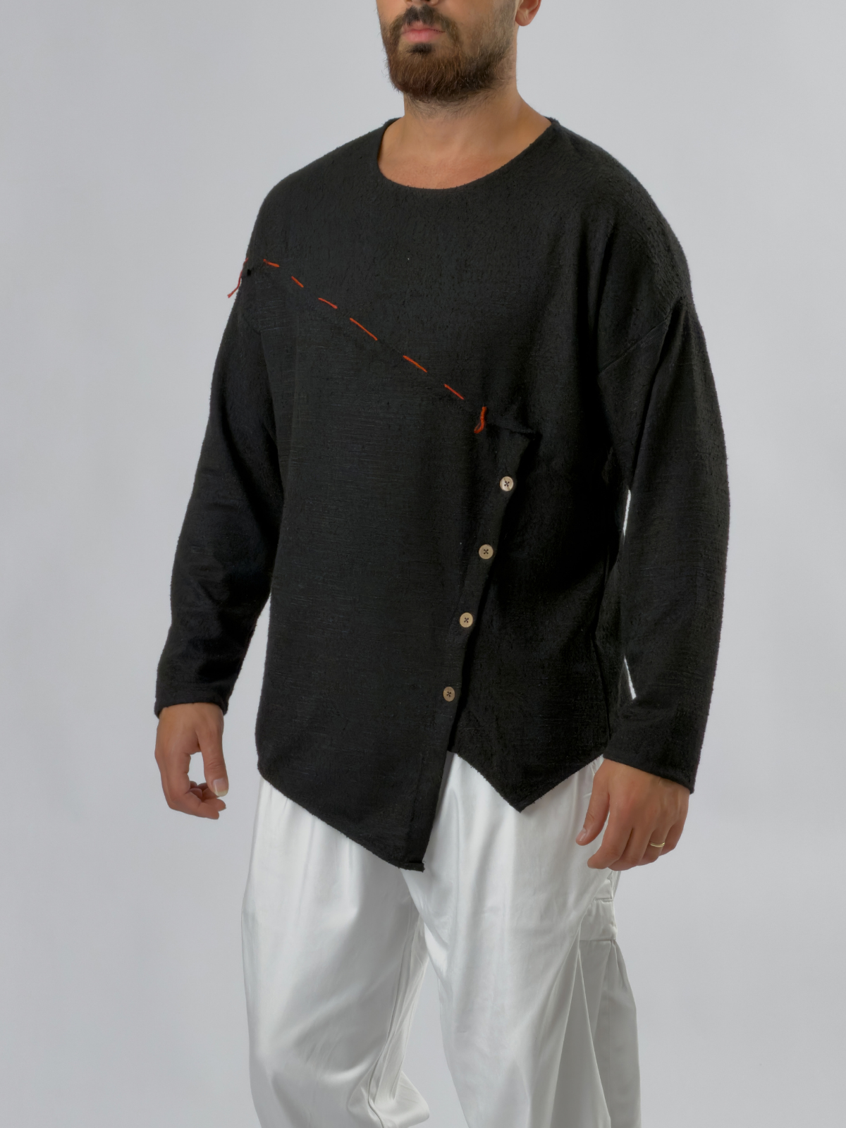 Düğmeli Asimetrik Siyah Erkek Sweatshirt COC3524