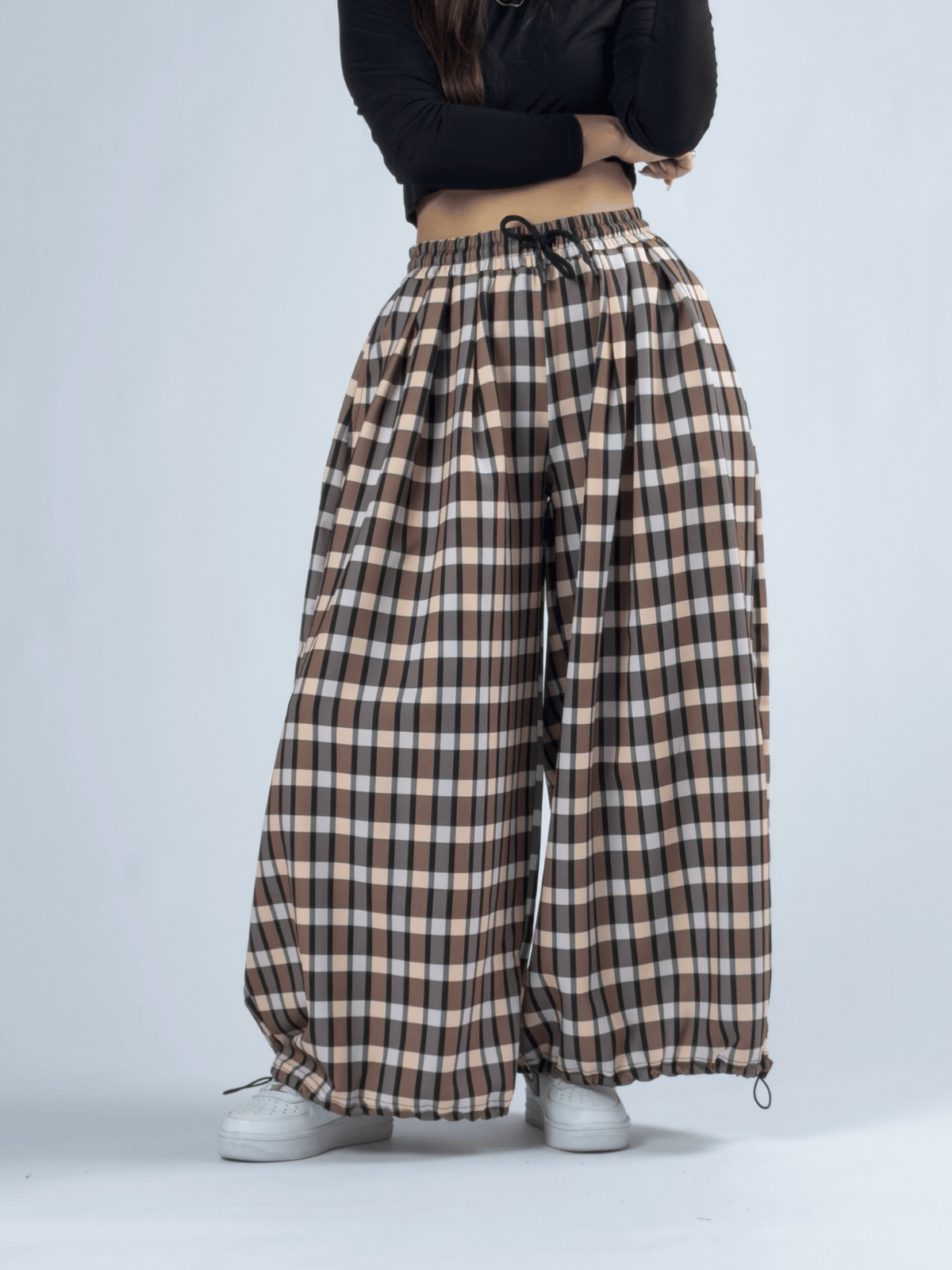 Ekose Paça Ayarlamalı Süper Oversize Kadın Pantolon COC3365