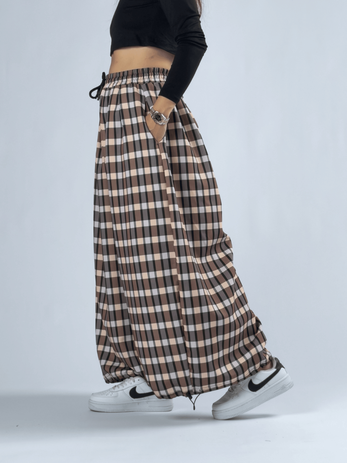 Ekose Paça Ayarlamalı Süper Oversize Kadın Pantolon COC3365