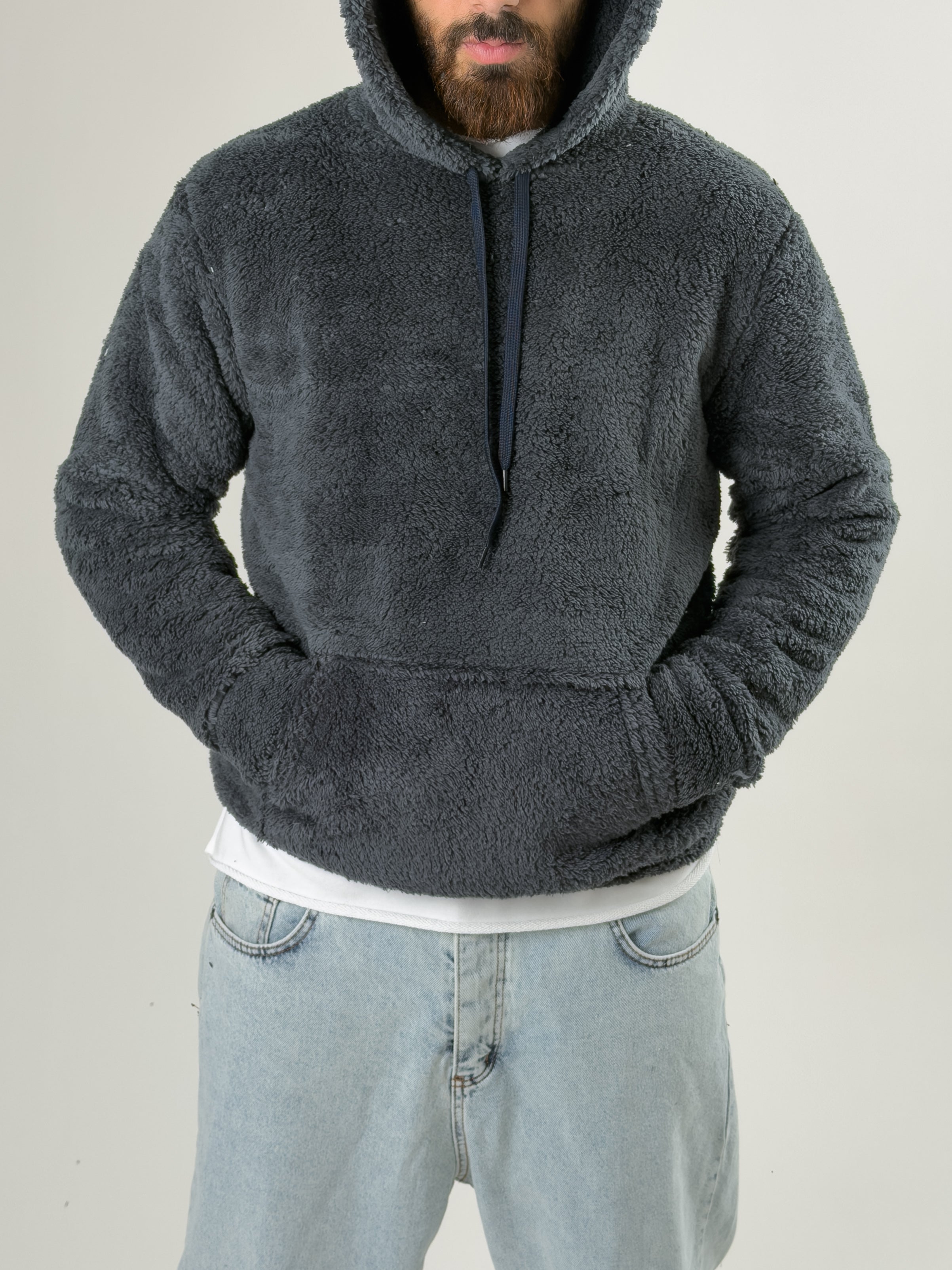 Erkek Kapüşonlu Antrasit Peluş Sweat COC2590